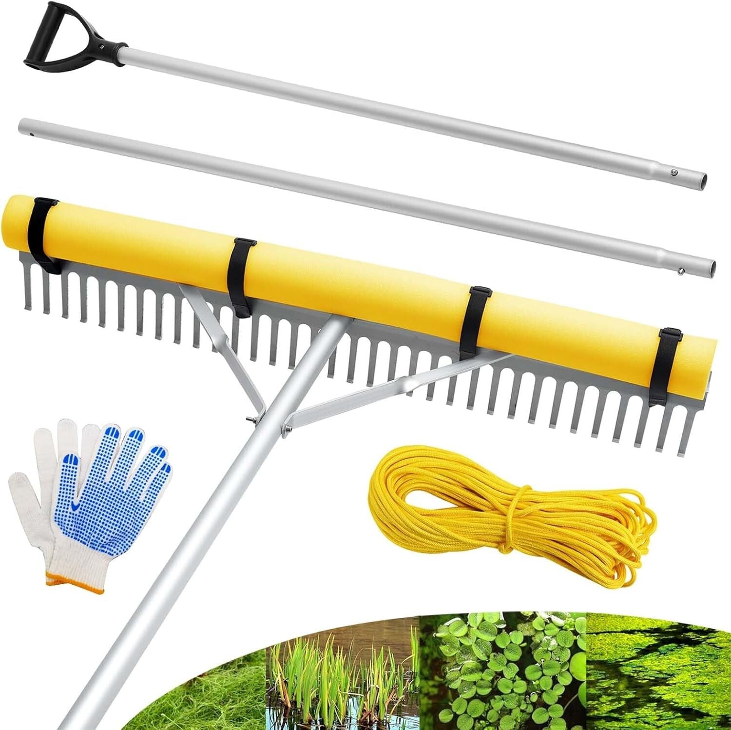 Versatile 36" Lake Rake with Detachable Handle & Weed Removal Rope - Yellow
