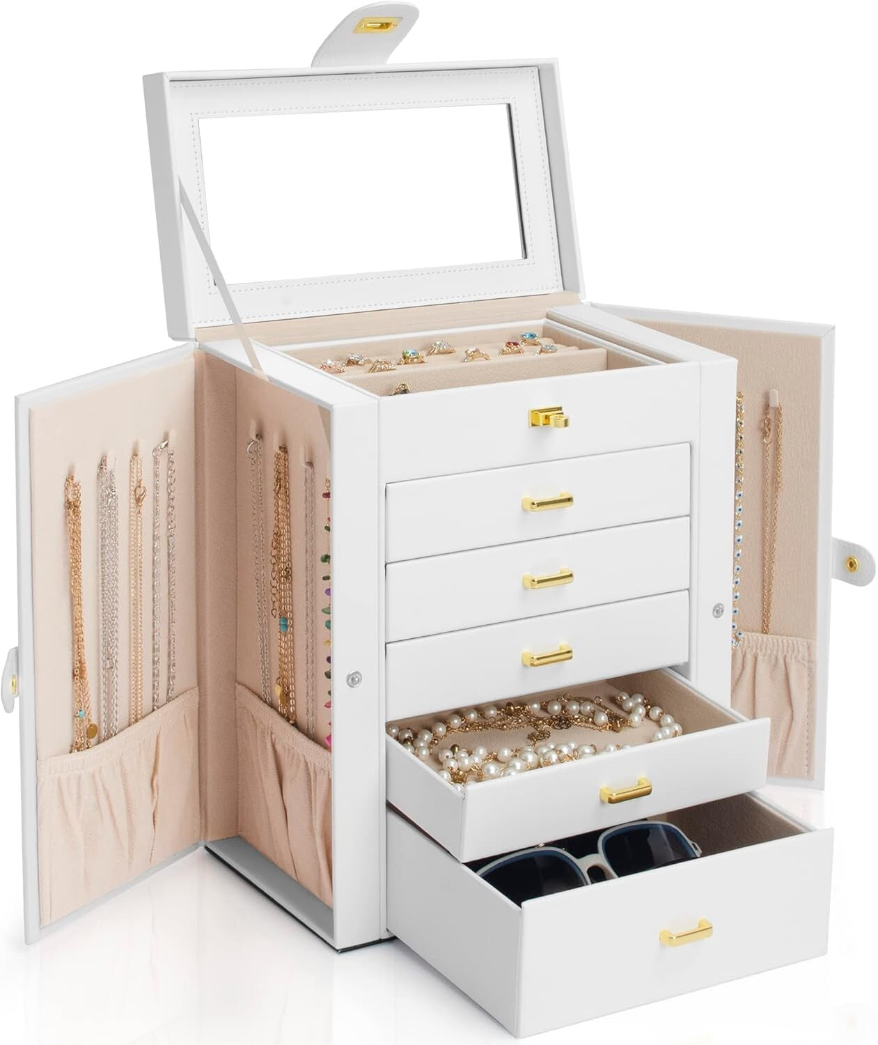Stylish White Jewelry Box with 5 Drawers & Mirror - Ideal for Rings & Necklaces
