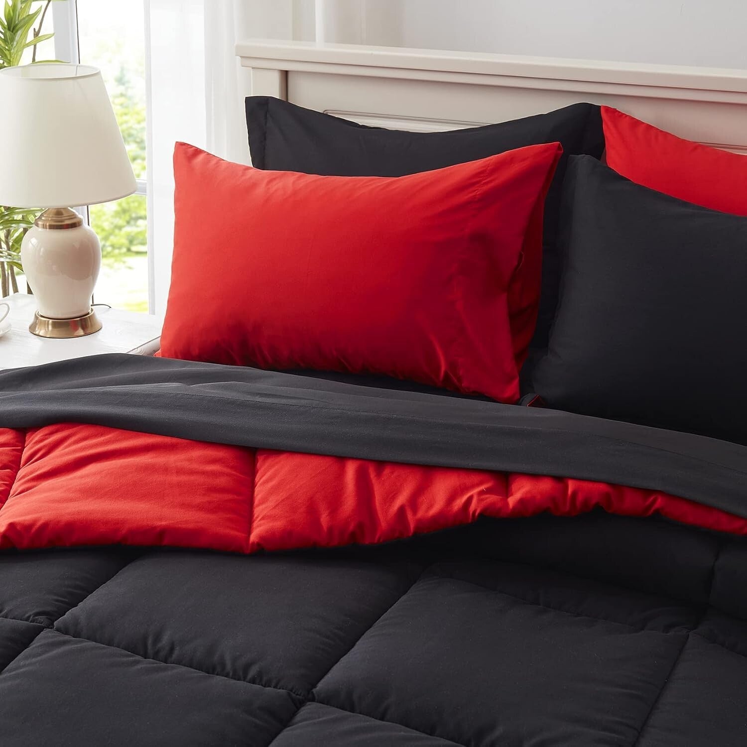All Season King Size Bedding Set: 7-Piece Reversible Comforter in Black & Red