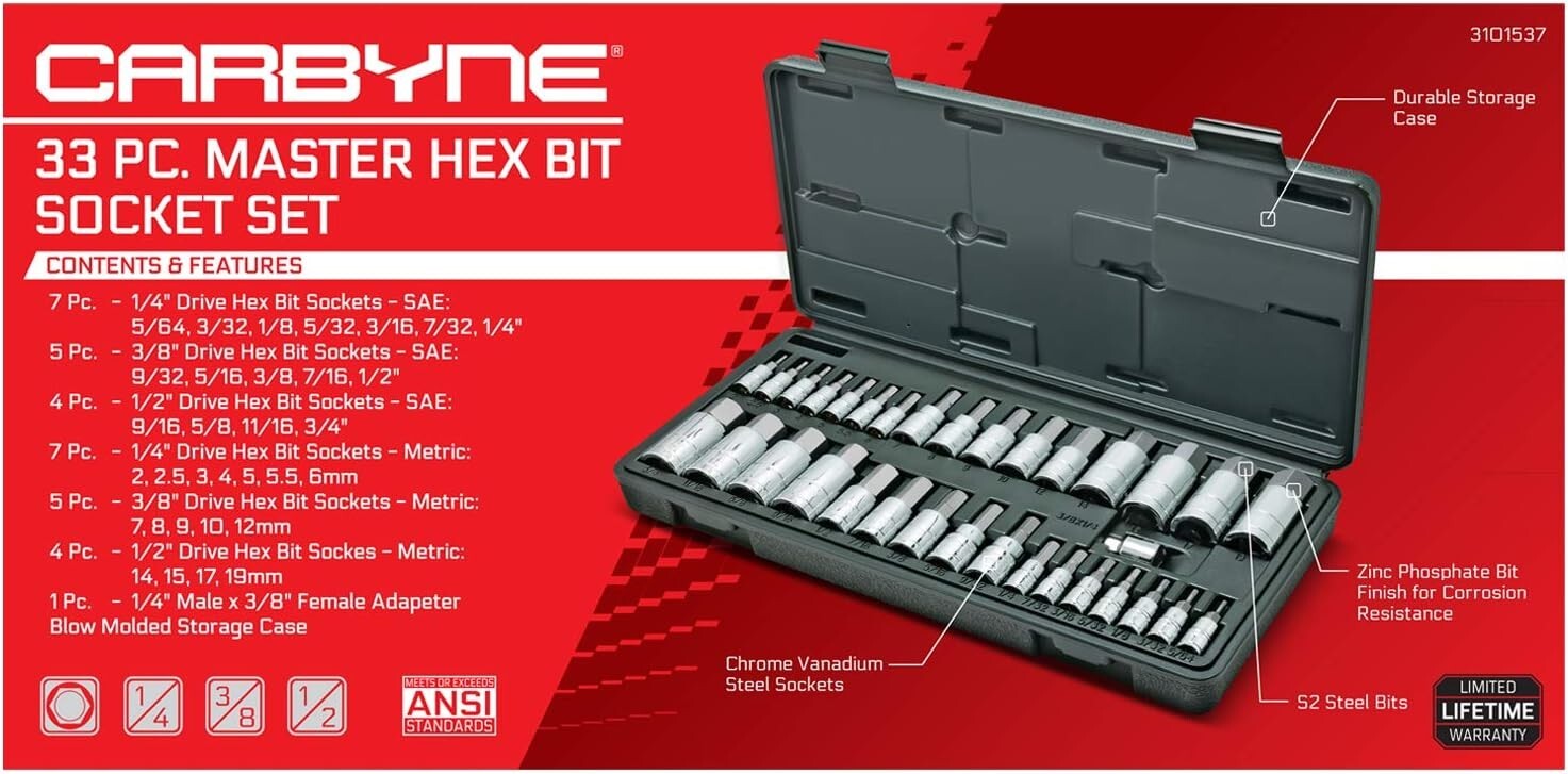 33-Piece Hex Socket Set with Chrome Vanadium and S2 Alloy Steel Construction