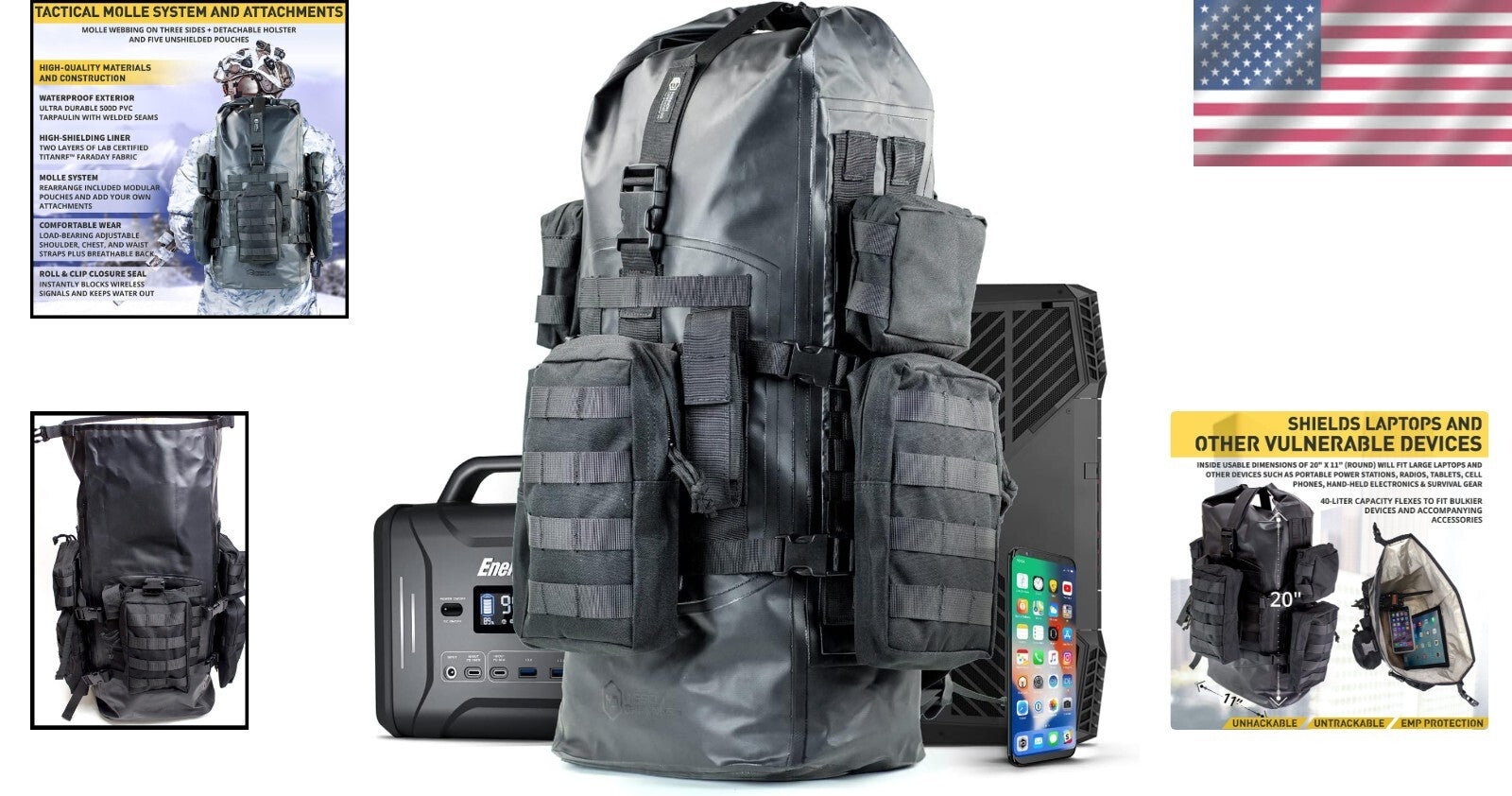 40L Military-Grade Waterproof Faraday Backpack with MOLLE System for Electronics