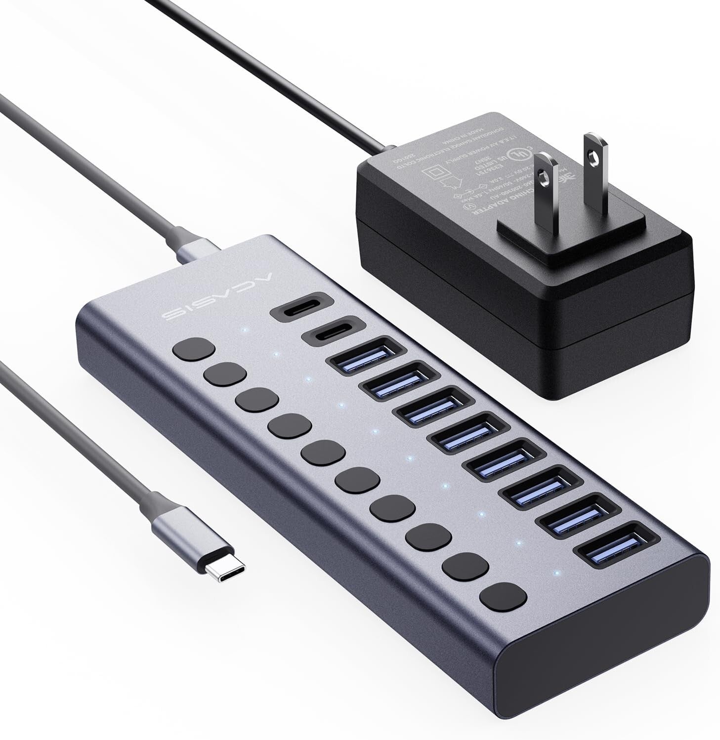High-Speed USB 3.2 Hub: 10 Ports with Fast 10Gbps Data Transfer & Power Adapter