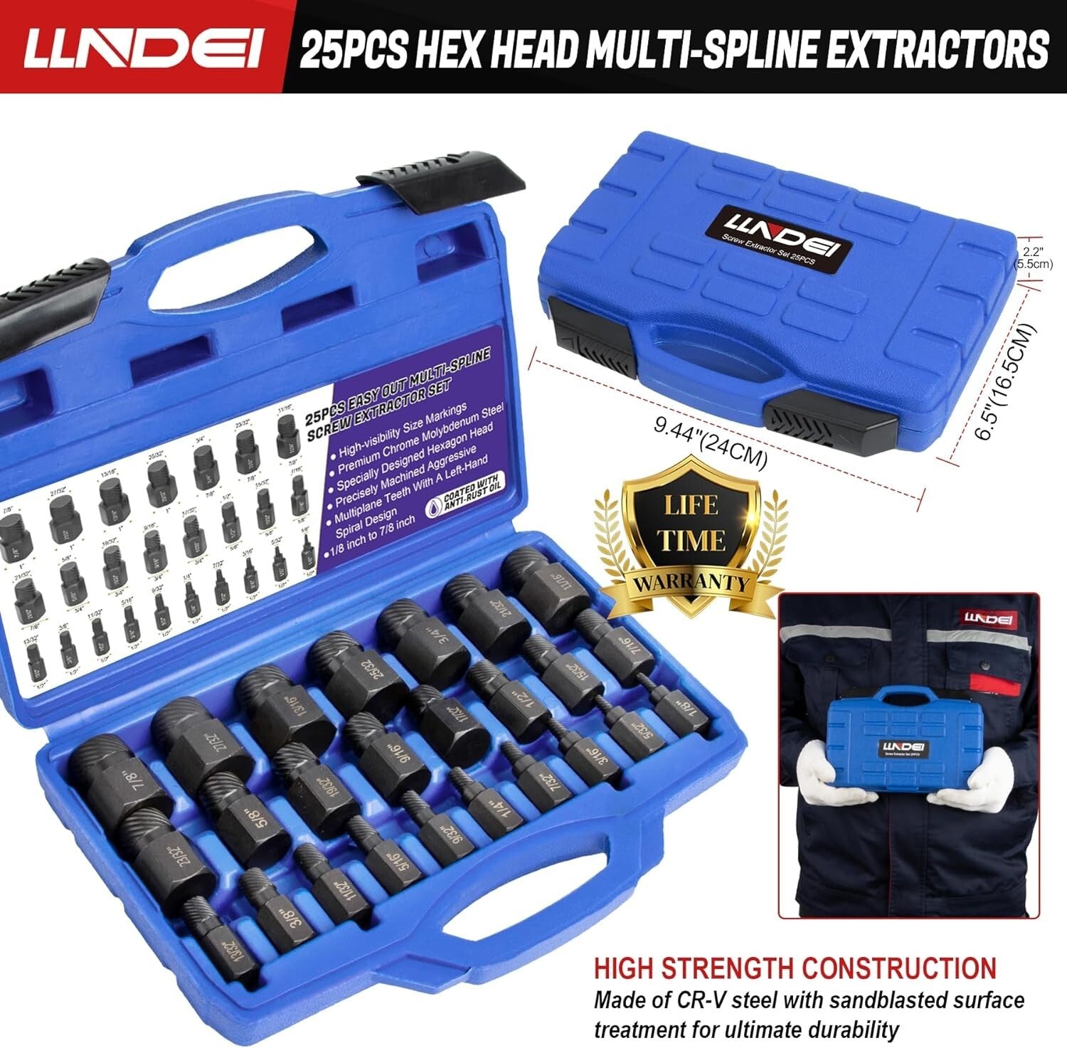 Durable 25-Piece Screw Extractor Set with Blow Molded Case – Lifetime Guarantee
