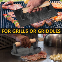 Load image into Gallery viewer, Professional Cast Iron Smash Burger Press Set with Heat-Resistant Wooden Handles