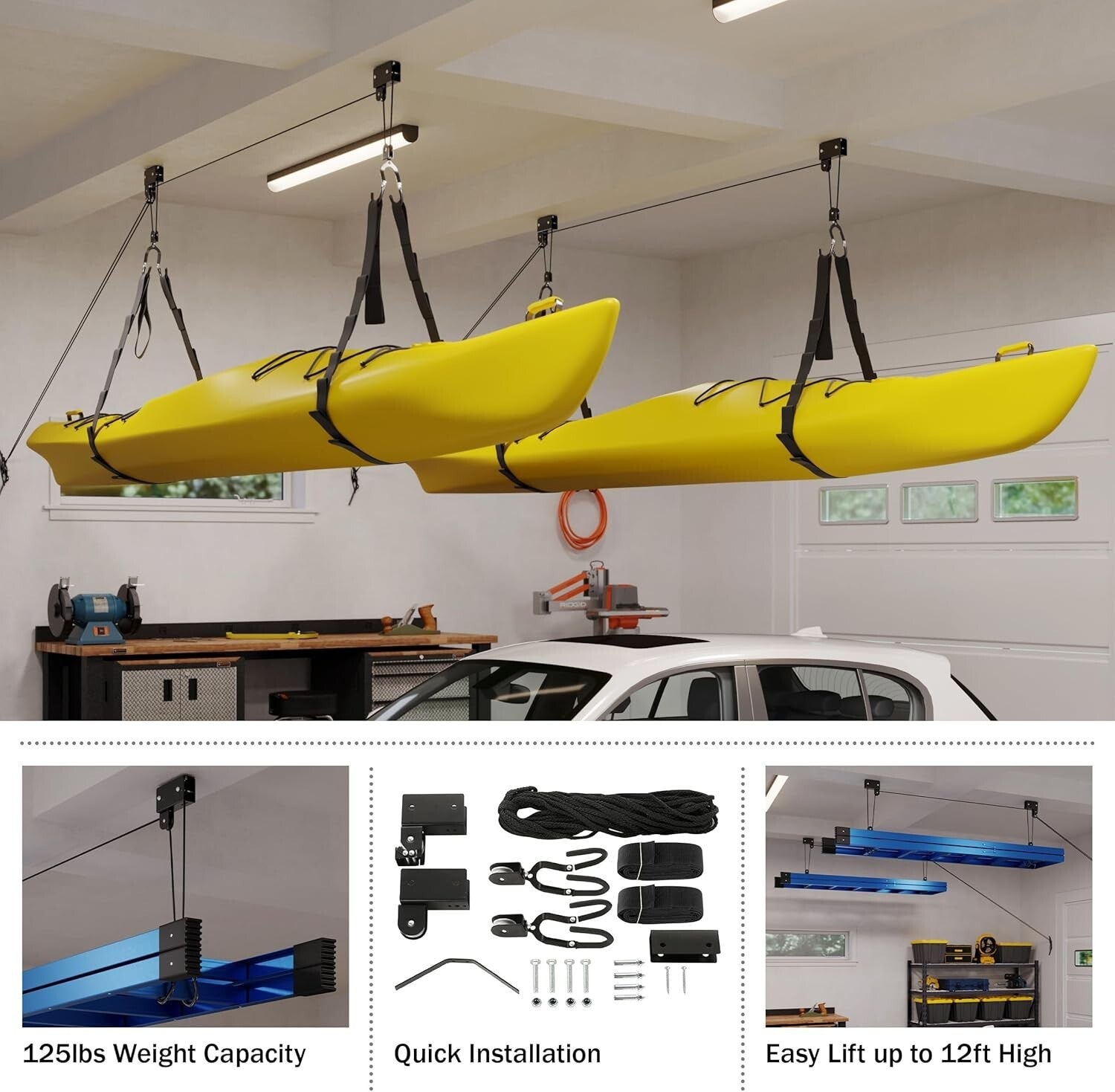 Premium Overhead Pulley System for Canoes and Bikes - 12-Foot Ceiling Ready