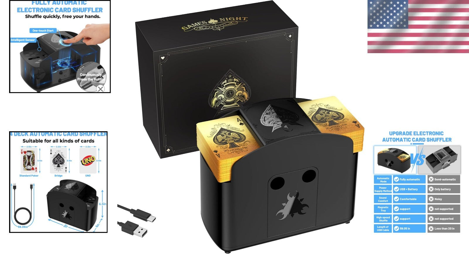 Fully Automatic USB/Battery Card Shuffler for UNO, Poker & Blackjack - Low Noise