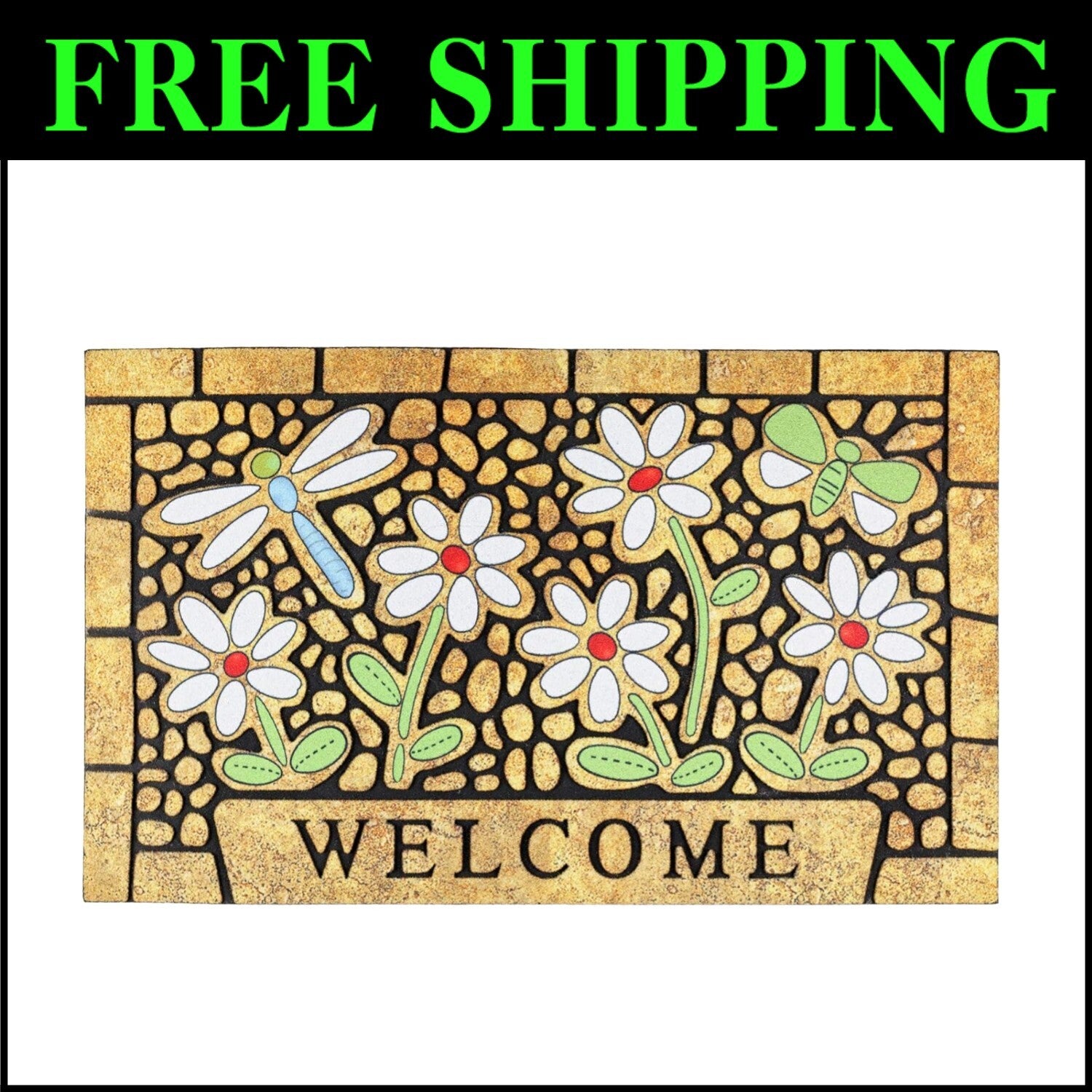 Outdoor Welcome Mat with Dragonfly Design - 24 x 36 Heavy Duty Non-Slip Doormat