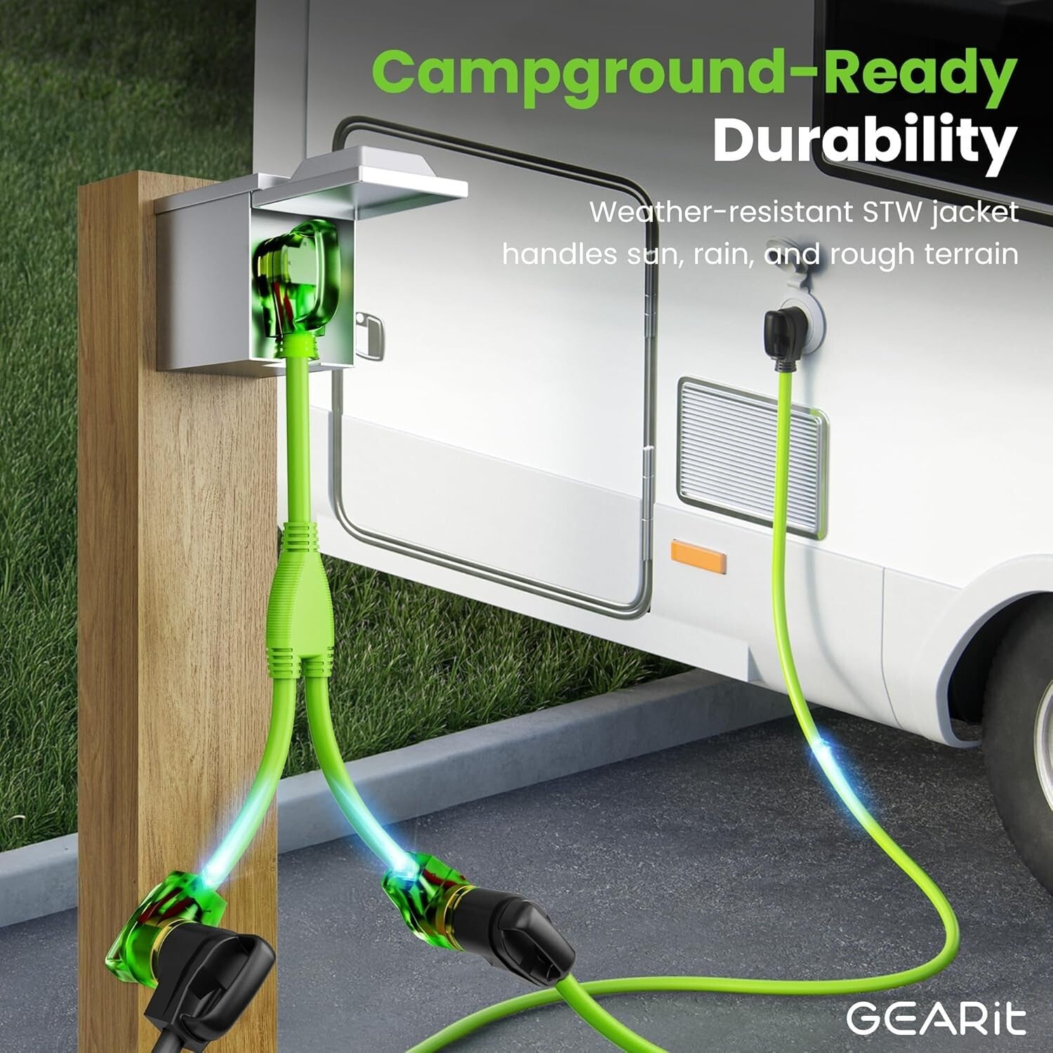 Bright Green 50A Y Splitter Adapter for RV & EV - NEMA 14-50P to 2 NEMA 14-50R