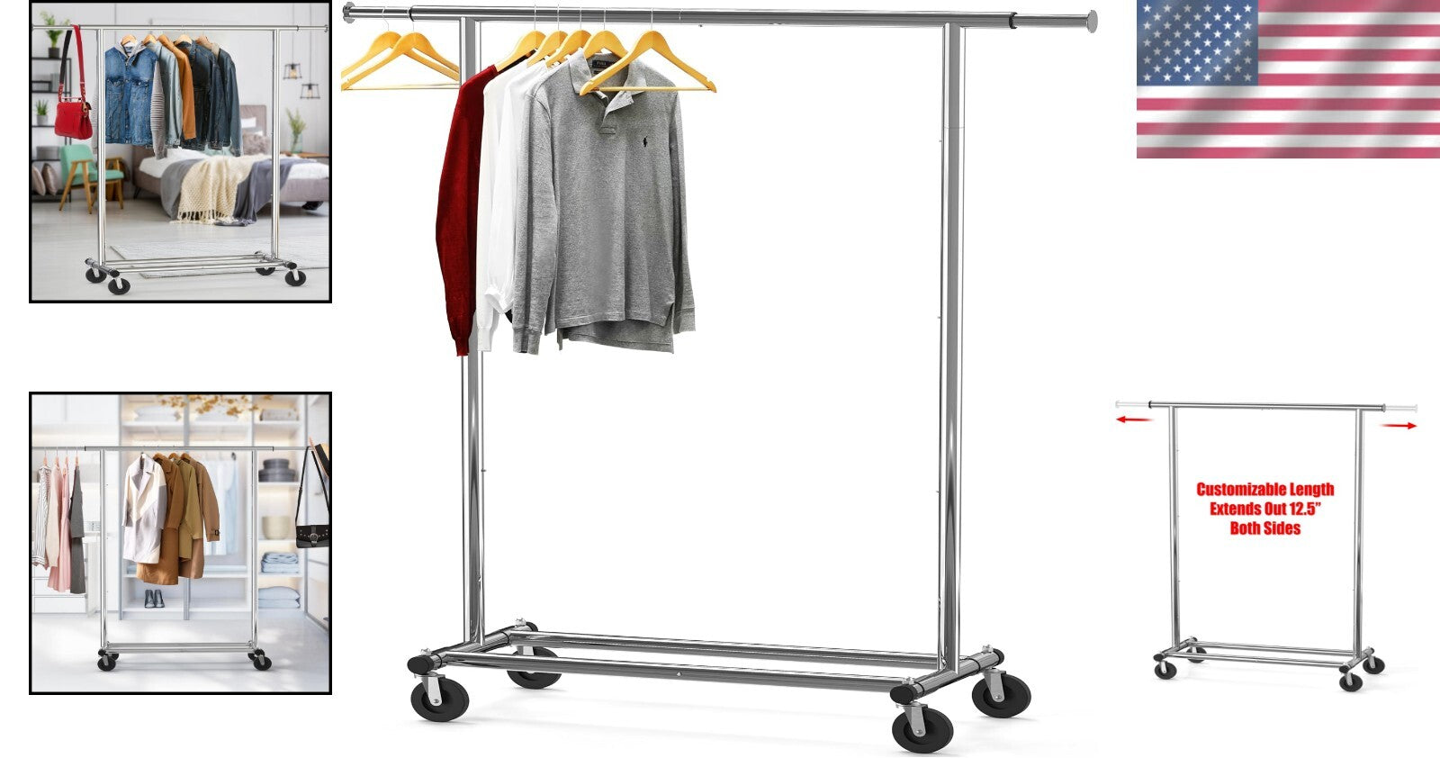 Extendable Chrome Garment Rack – 42 to 67 Inches, Perfect for Home & Commercial