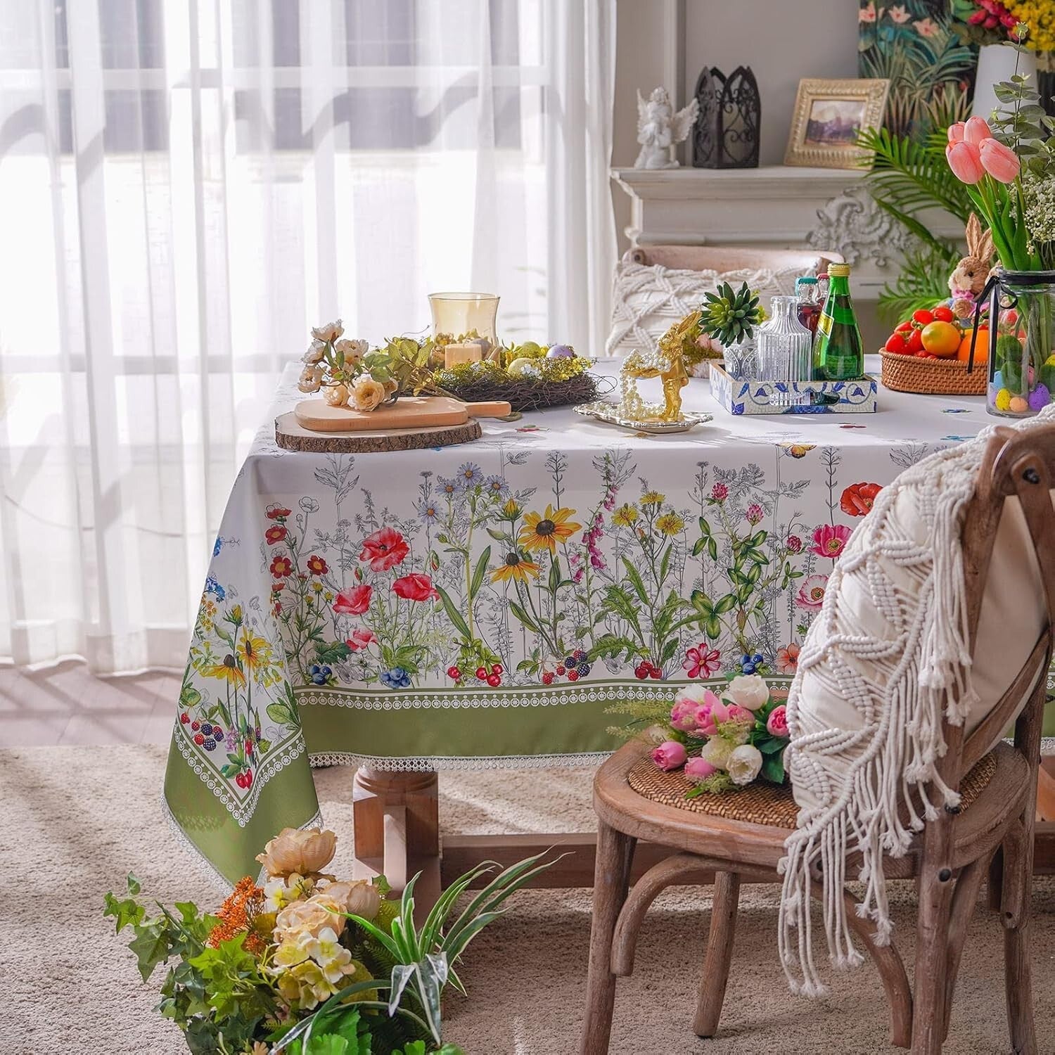 Stain-Resistant Floral Table Cover with Lace, Perfect for Spring/Summer Events