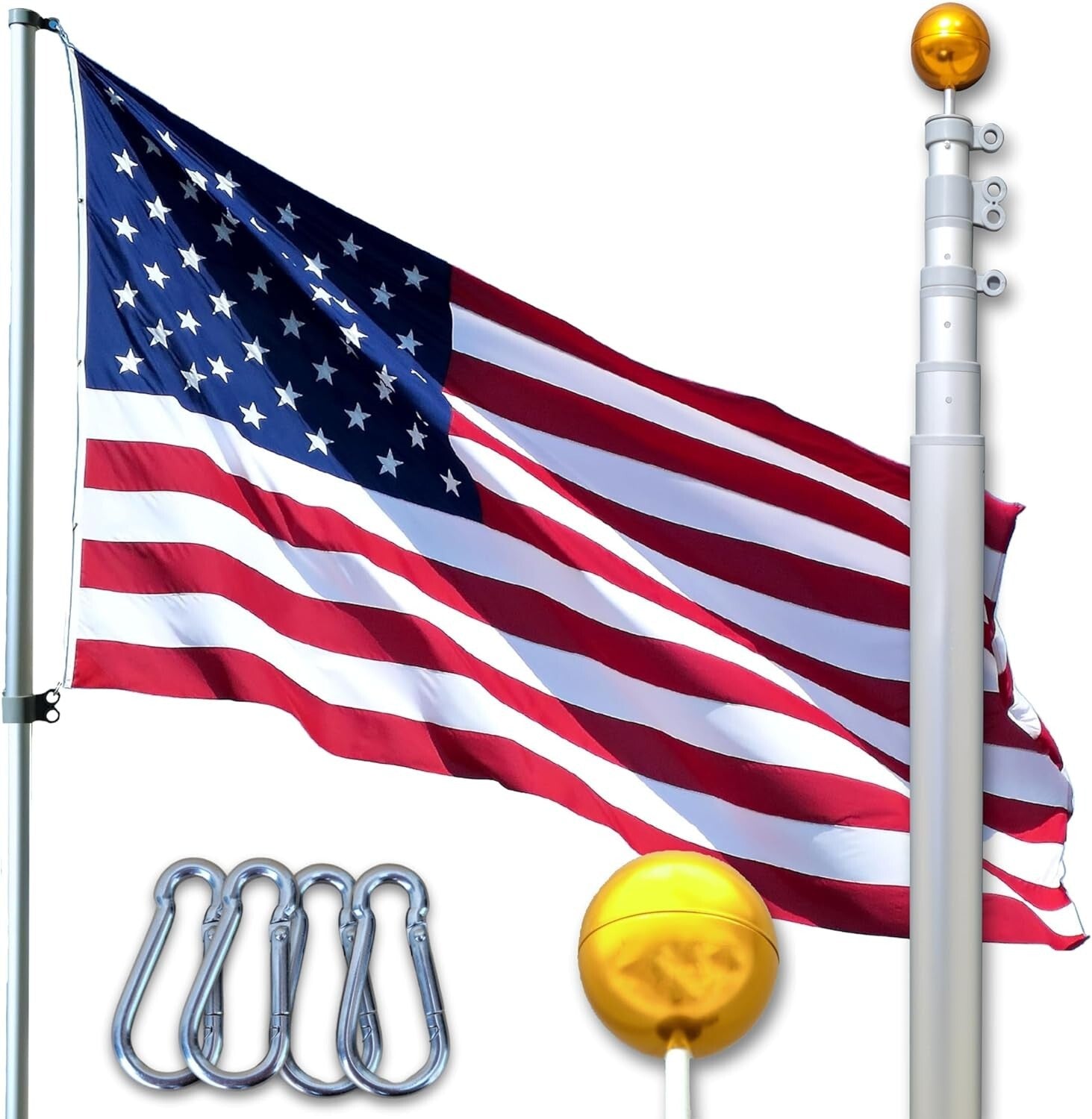No Rust 20-Foot Telescoping Flagpole Kit - Complete with USA Flags and Hardware
