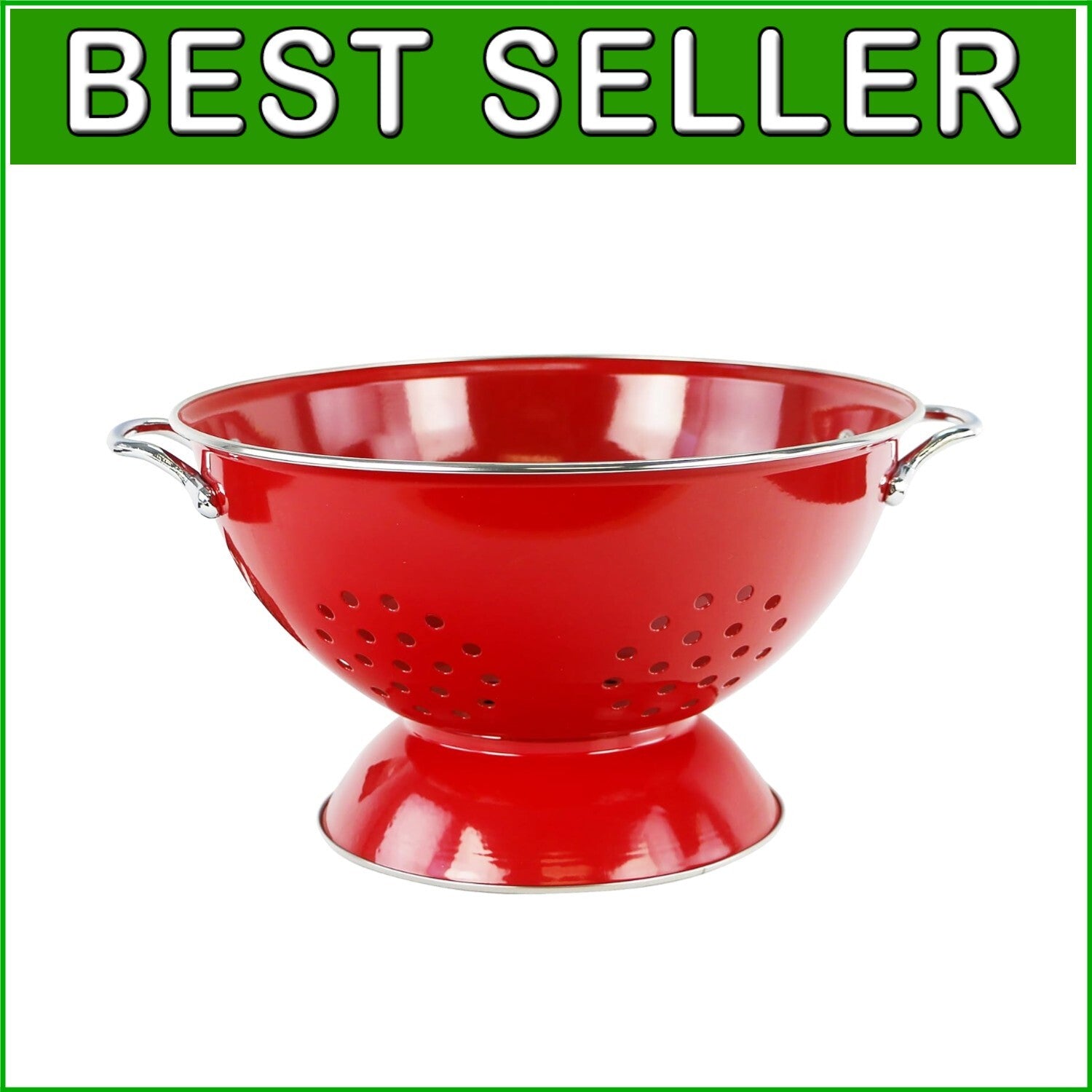 Beautifully Crafted 5-QT Red Enameled Colander with Chrome Handles - Hand Wash