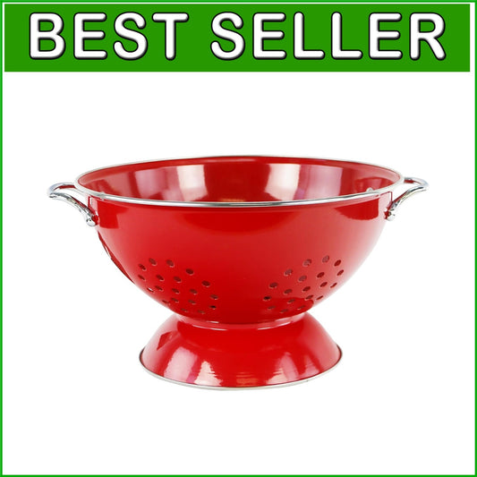 Beautifully Crafted 5-QT Red Enameled Colander with Chrome Handles - Hand Wash