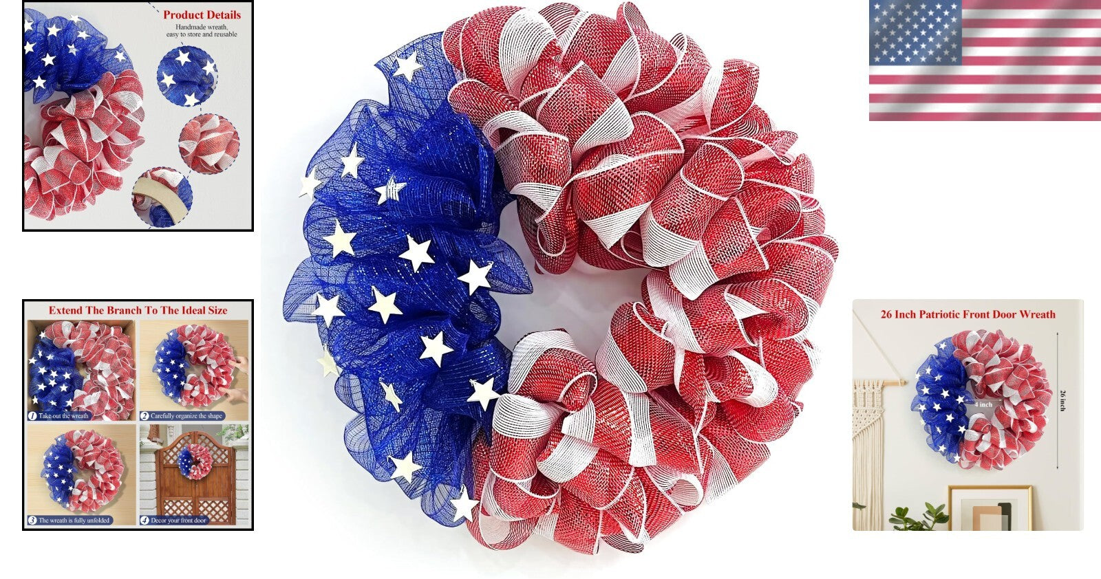 Durable Handcrafted 4th of July Mesh Wreath - Ideal for Summer and Memorial Day