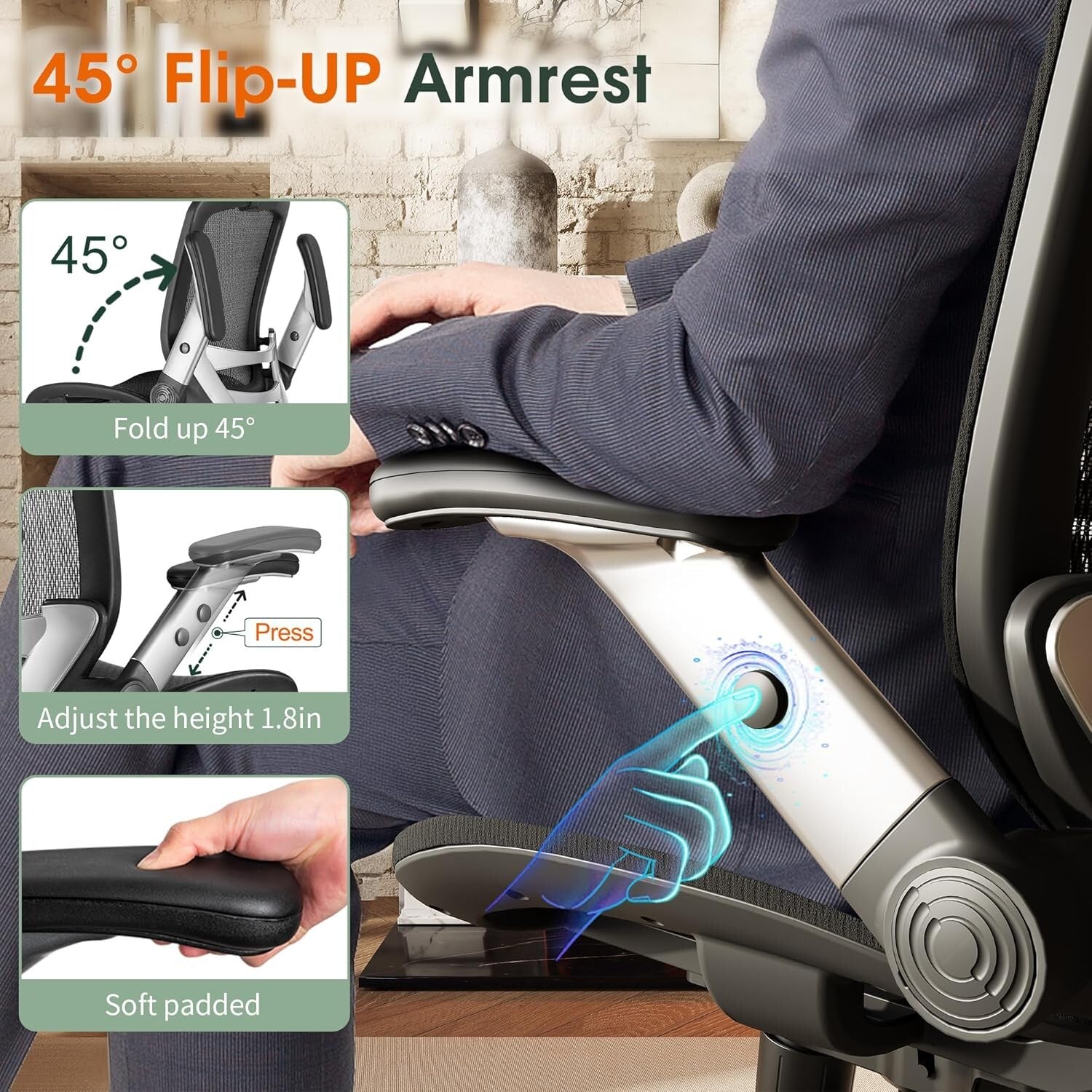 Multi-Functional Ergonomic Chair with Flip-Up Arms - Ideal for Tall Users