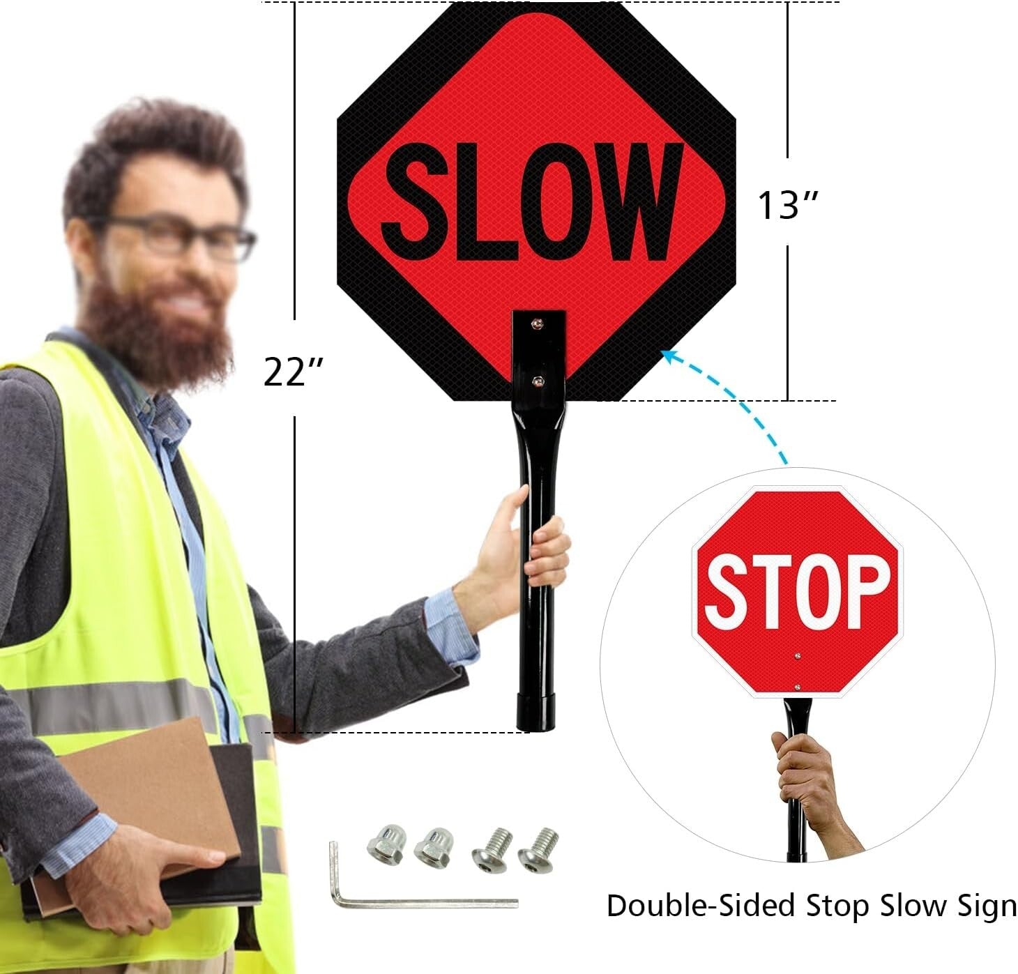 Reflective Aluminum Stop Slow Sign - 13x13 Inches, 4-Pack for Traffic Control