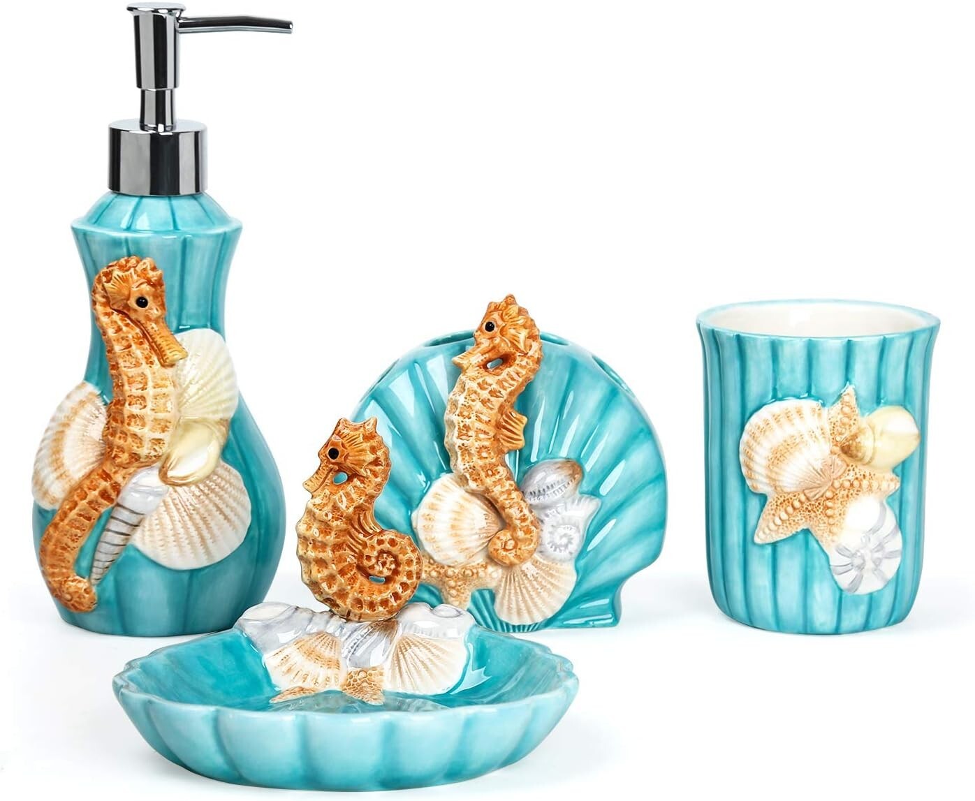 Durable and Elegant Ceramic 4-Piece Bathroom Accessories Set - Nautical Theme