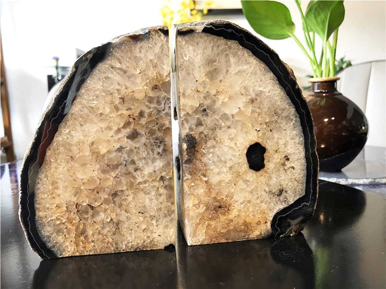 Elegant Heavy Duty Black Agate Bookends - 1 Pair of Unique Crystal Book Holders