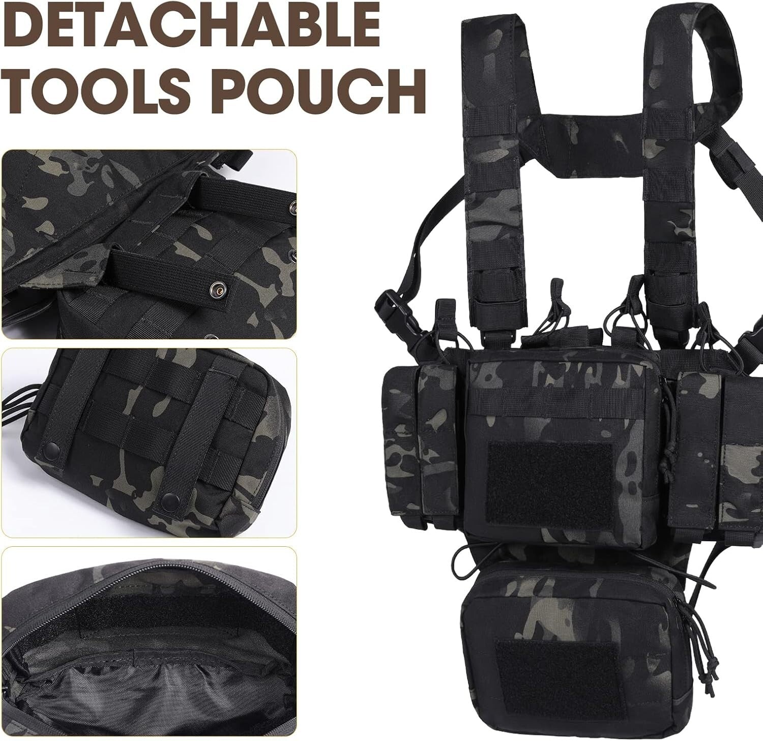 Durable Tactical Chest Rig - Adjustable, Detachable & Lightweight - Black Camo