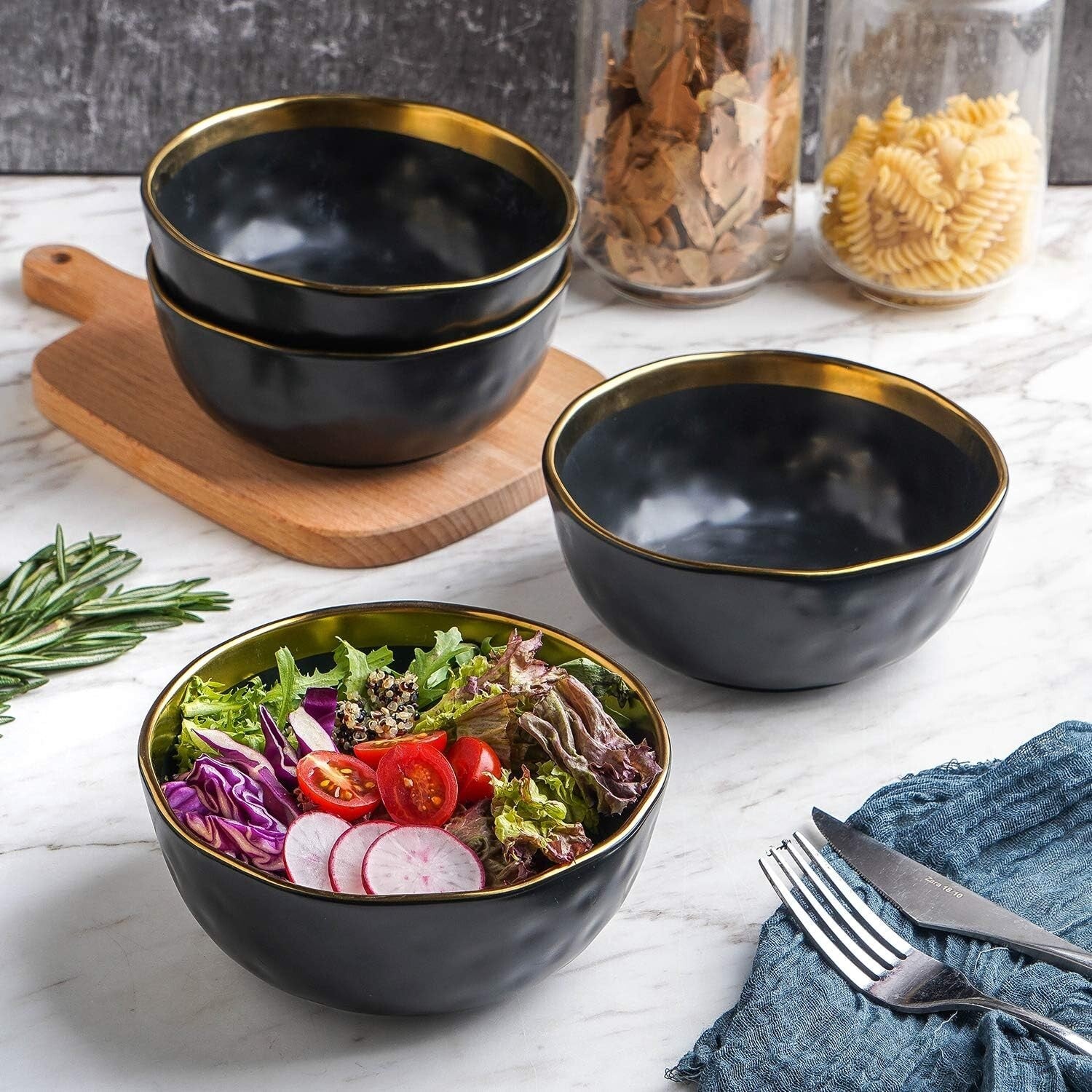 Sophisticated Gold-Accented Black Porcelain Dish Set, Service for 8 - Florian