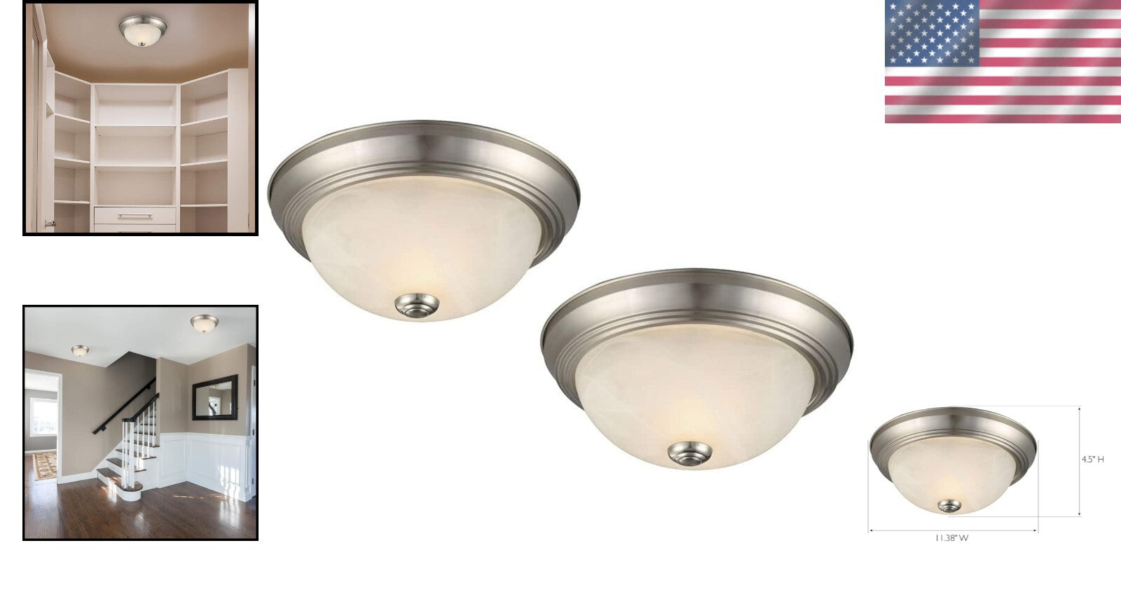 Modern 2-Light Flush Mount Ceiling Light Set - Satin Nickel with Alabaster Shade