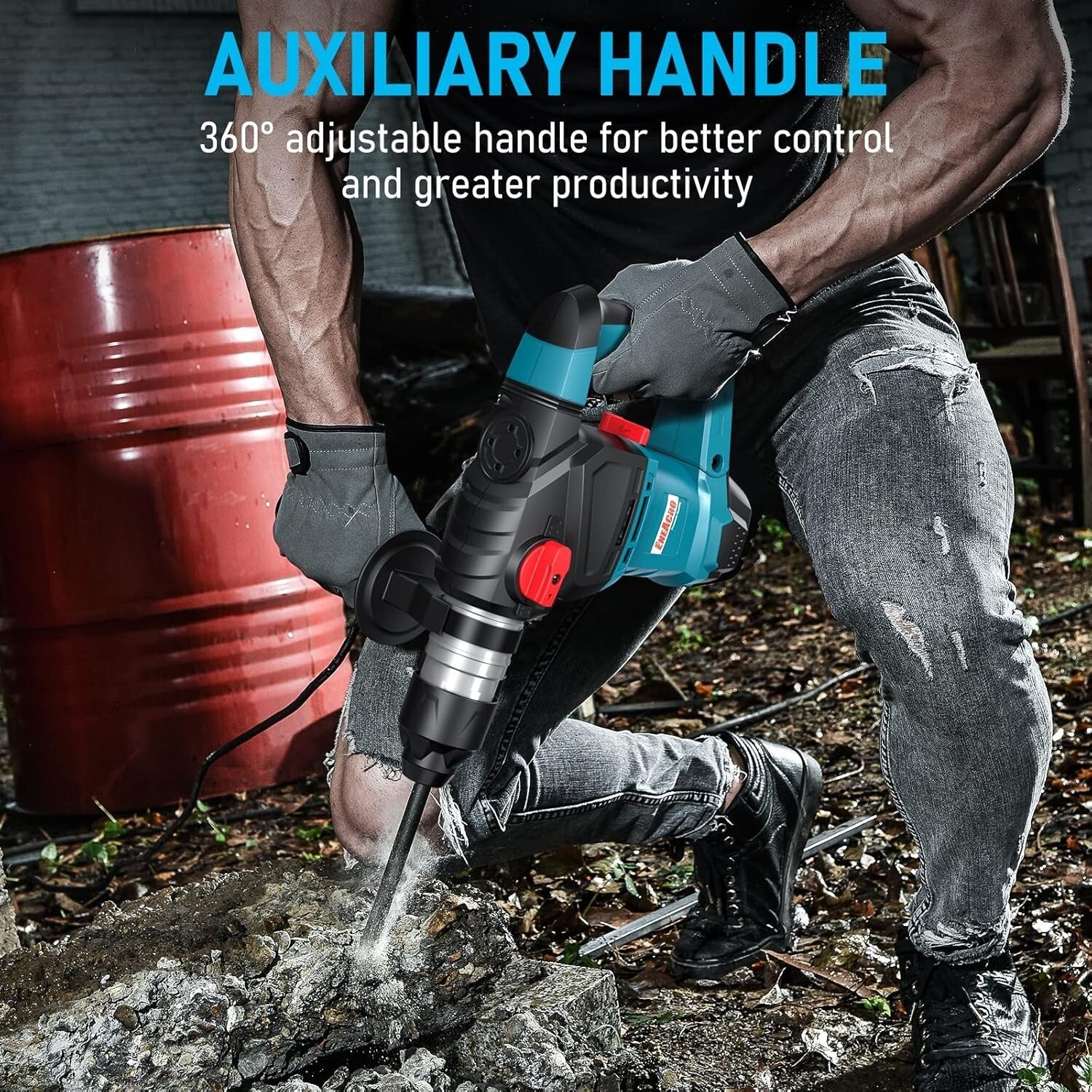 Electric Rotary Hammer Drill - 12.5 Amp with Vibration Control Handle and Case