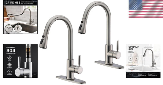Easy Install Brushed Nickel Kitchen Faucet with 360° Pull Down Sprayer - 2 Pack