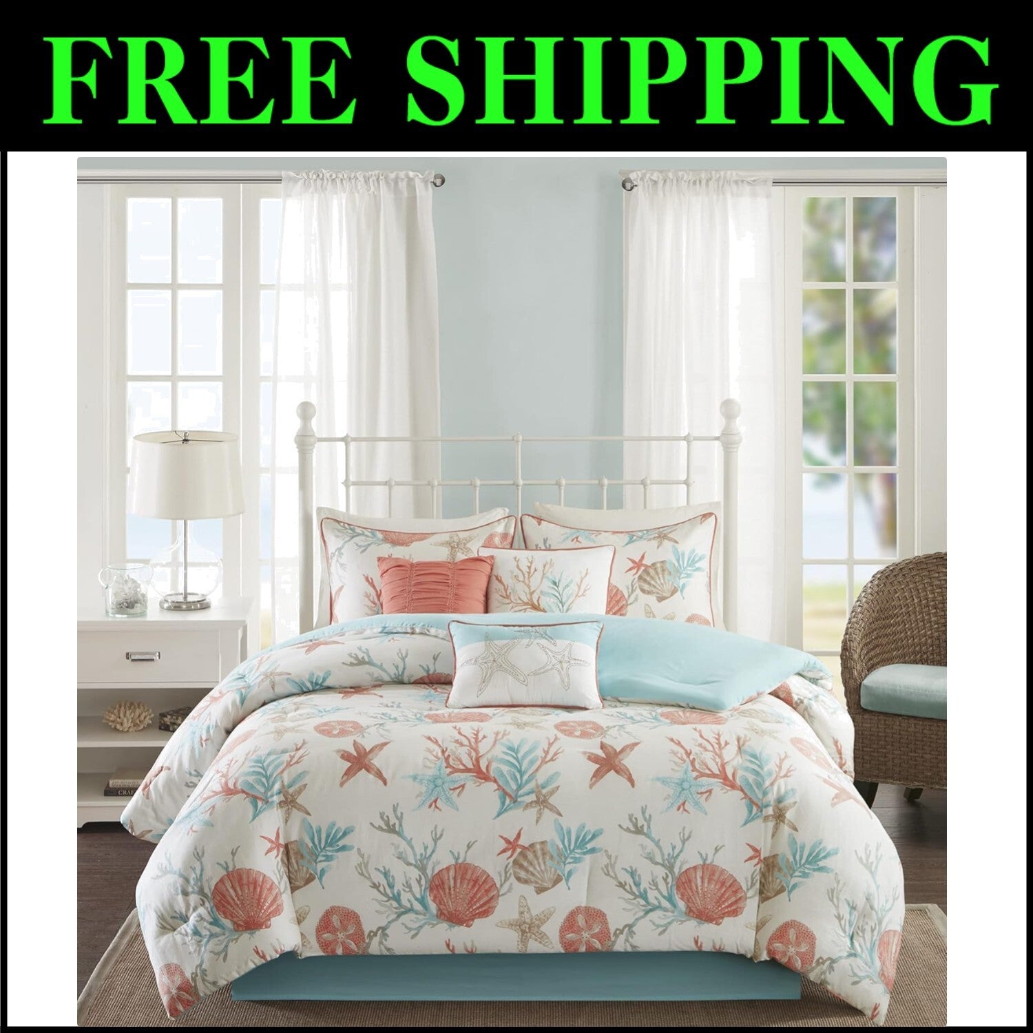 Pebble Beach 100% Cotton 7-Piece Comforter Set with Starfish Motif for King Beds