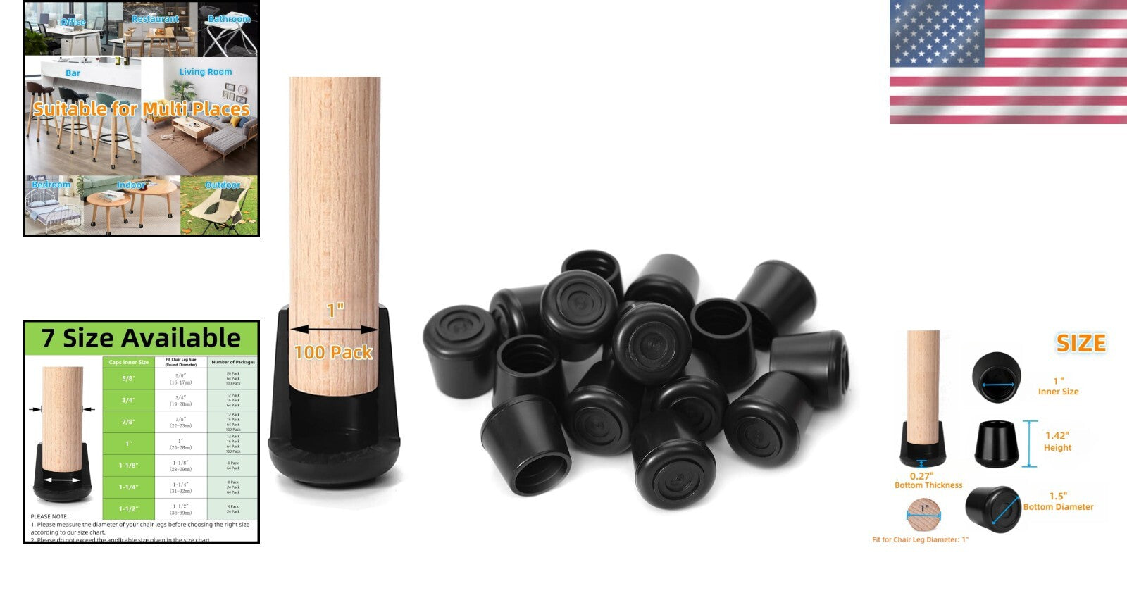 Protective Chair Leg Tips Caps – 1" Inner Diameter Non-Slip Rubber Set of 100