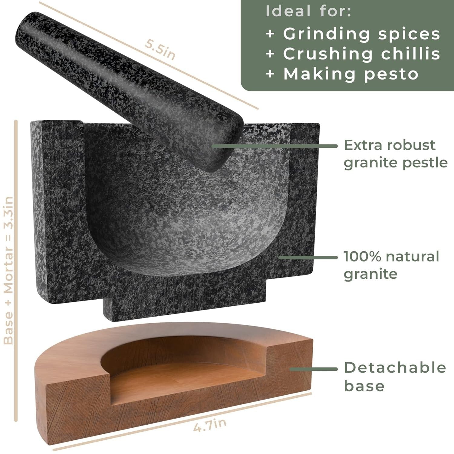 Extra Large Natural Granite Mortar and Pestle with Stylish Acacia Wood Stand
