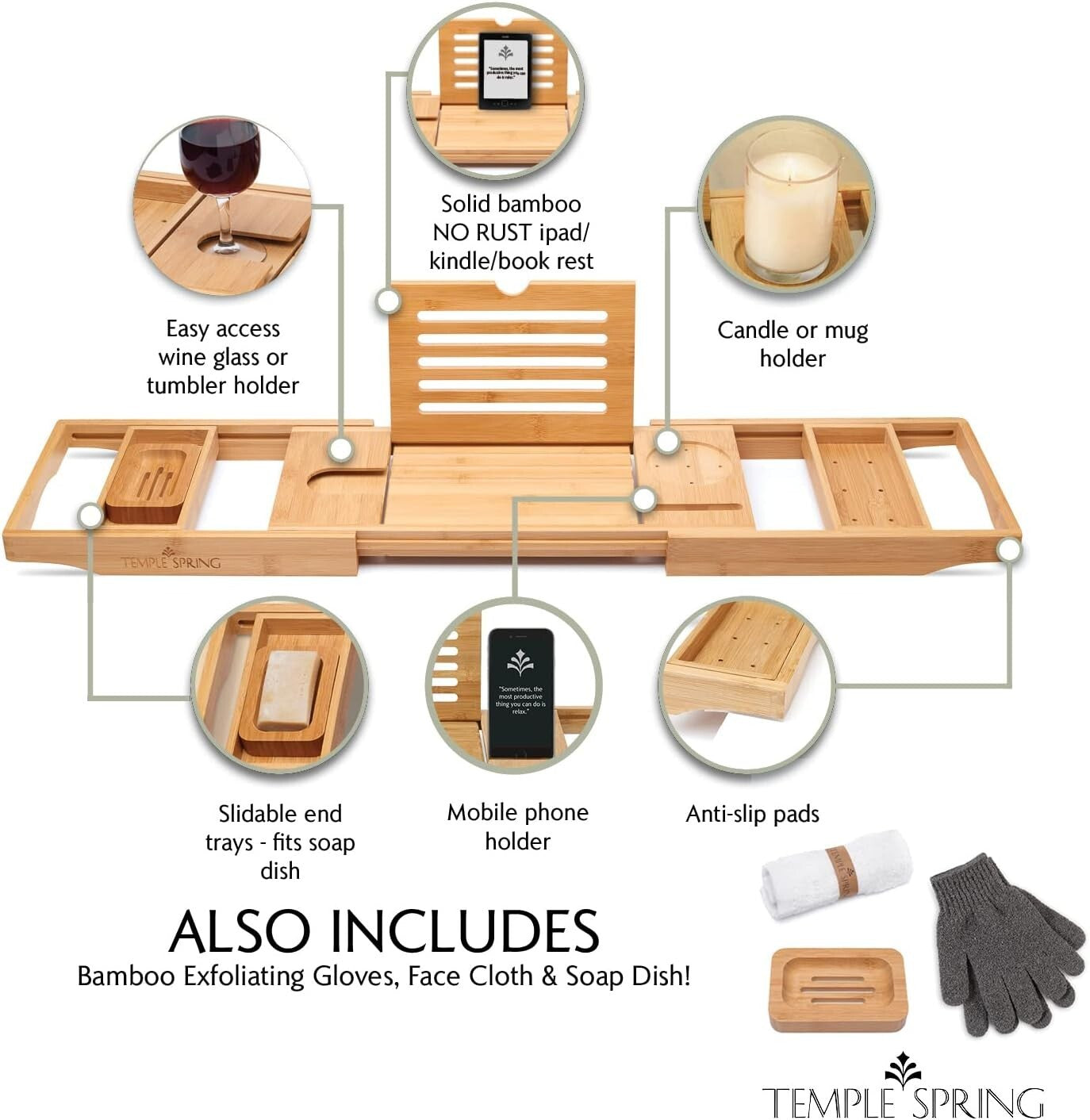 Sturdy Bamboo Bathtub Caddy with Soap Dish & Accessories for Ultimate Comfort