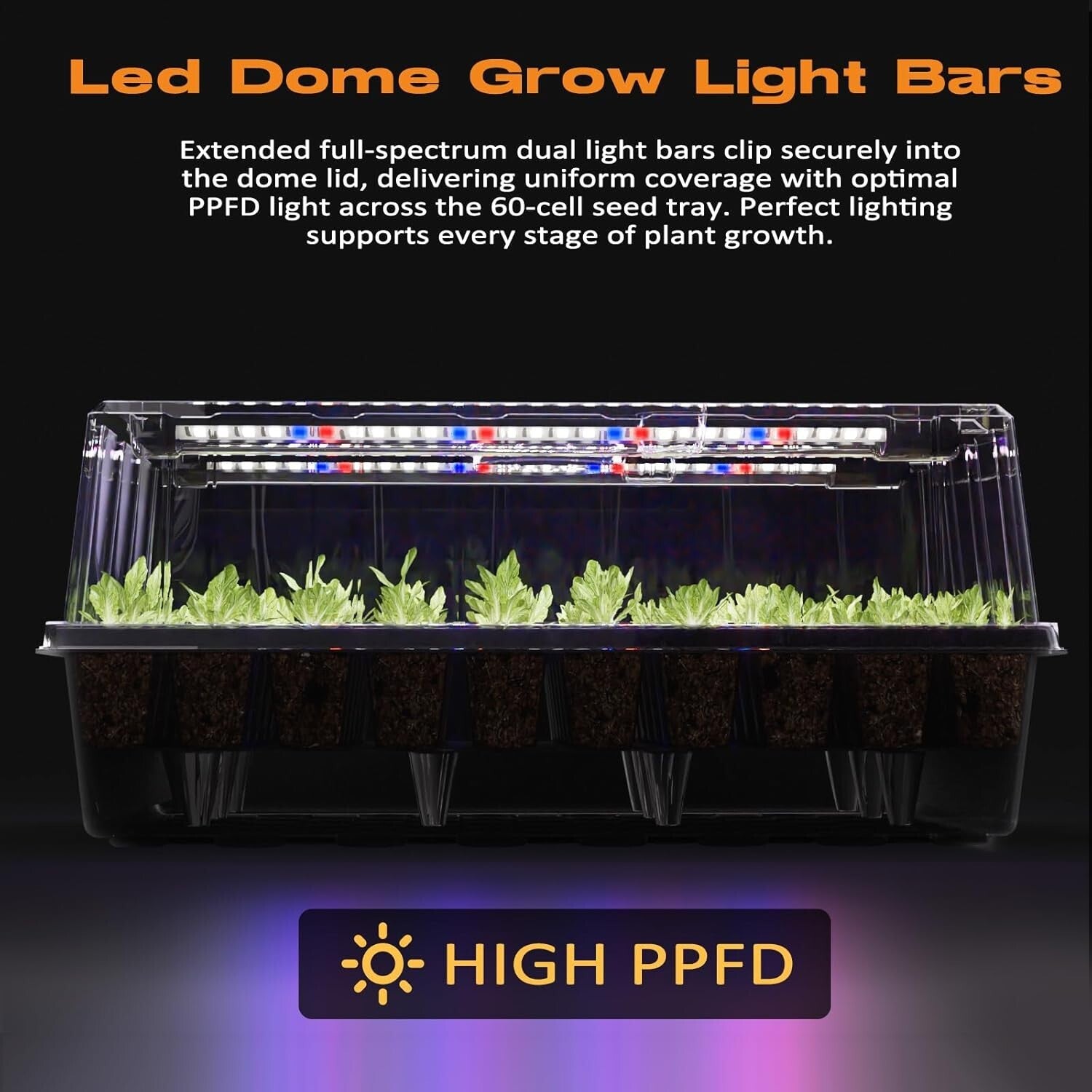 Durable 120-Cell Seed Starting Tray with Humidity Dome and Efficient Grow Light