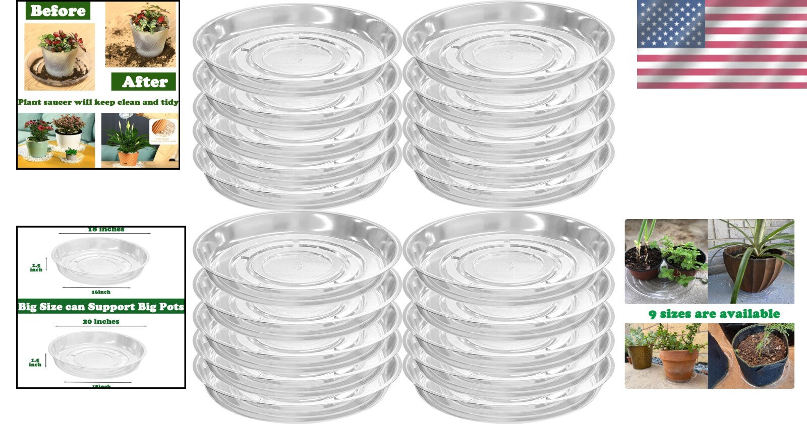 20-Pack Clear Plastic 20-Inch Plant Saucer Trays - Essential for Indoor Plants