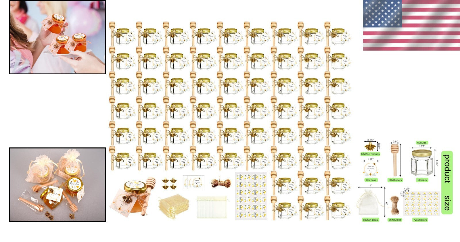 60-Pack Mini Honey Jars with Wood Dippers – Perfect Wedding & Baby Shower Favors