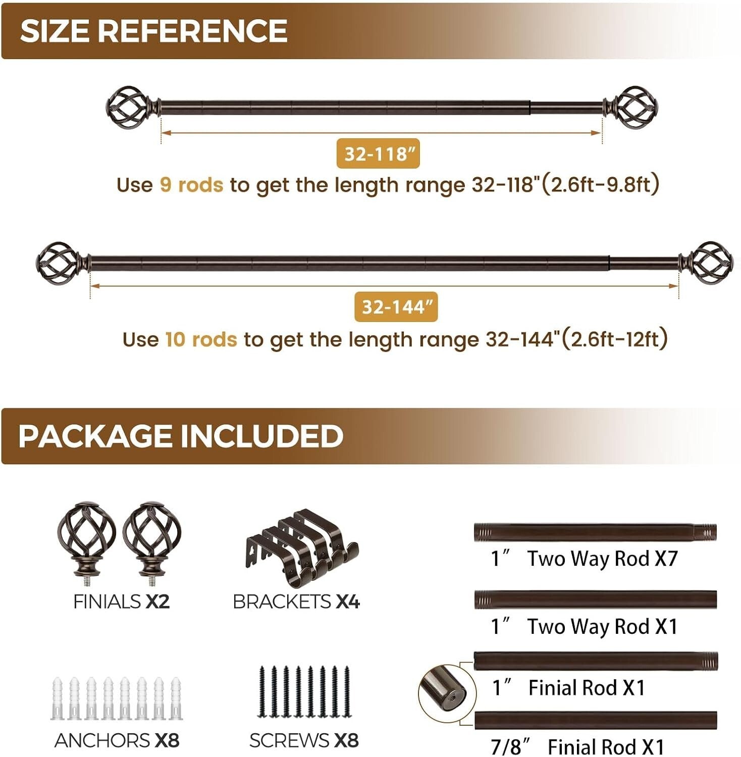 Artistic Bronze Curtain Rods with Twisted Finials - Adjustable 72 to 144 Inches