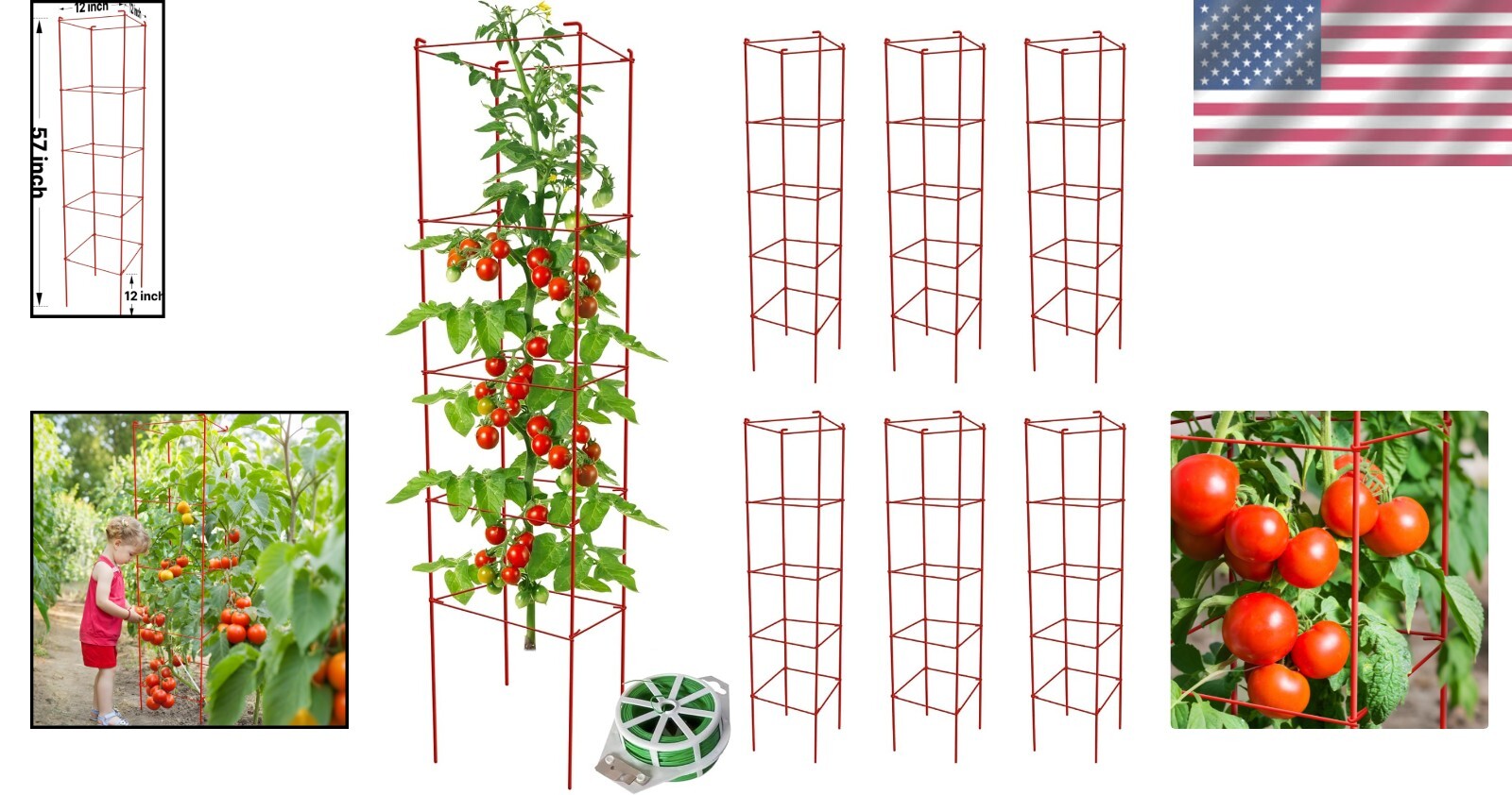 Rustproof 57-Inch Tomato Cages with 164 Ft Twist Ties – Perfect for Garden Use