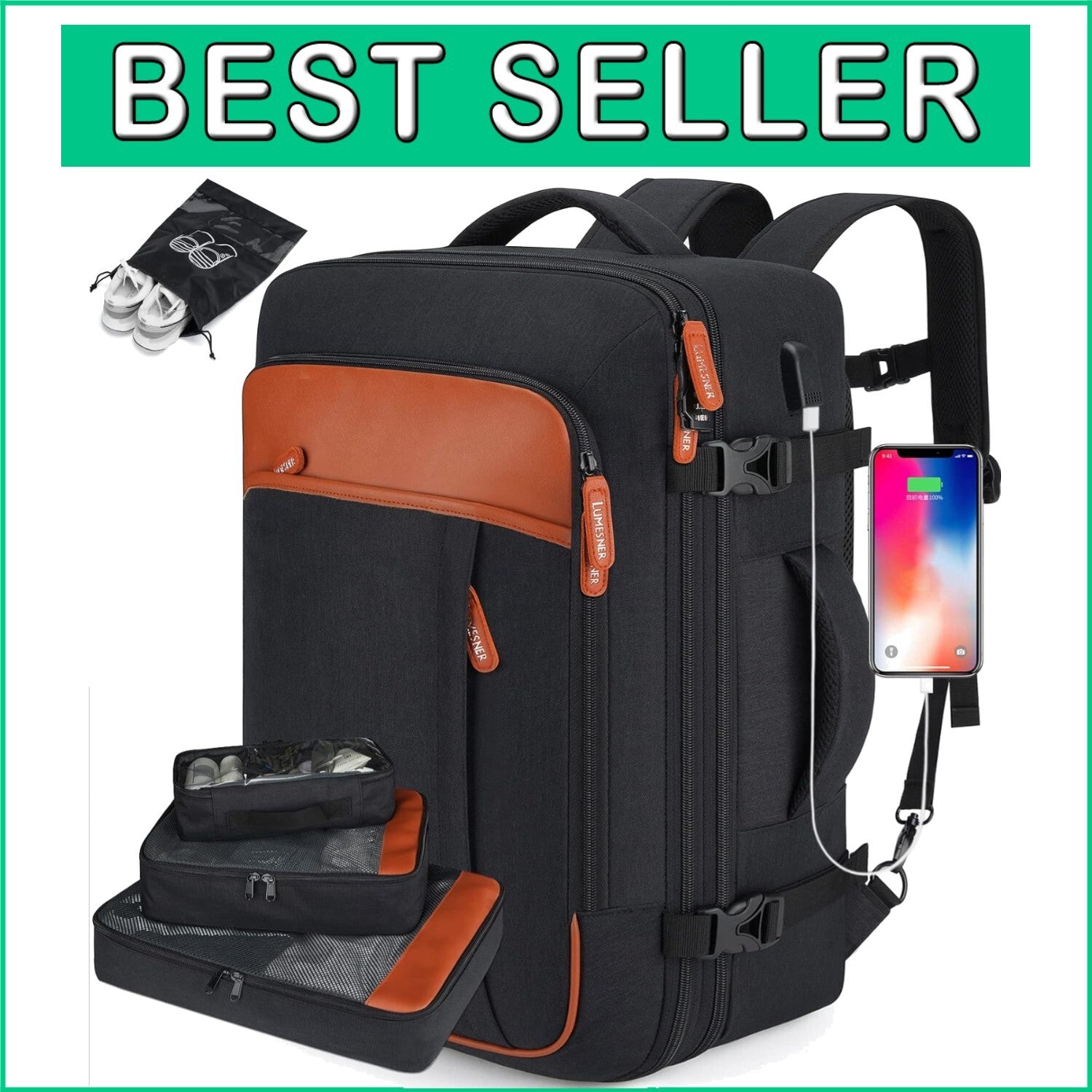 40L Extra Large Expandable Travel Backpack with 4 Packing Cubes & USB Port