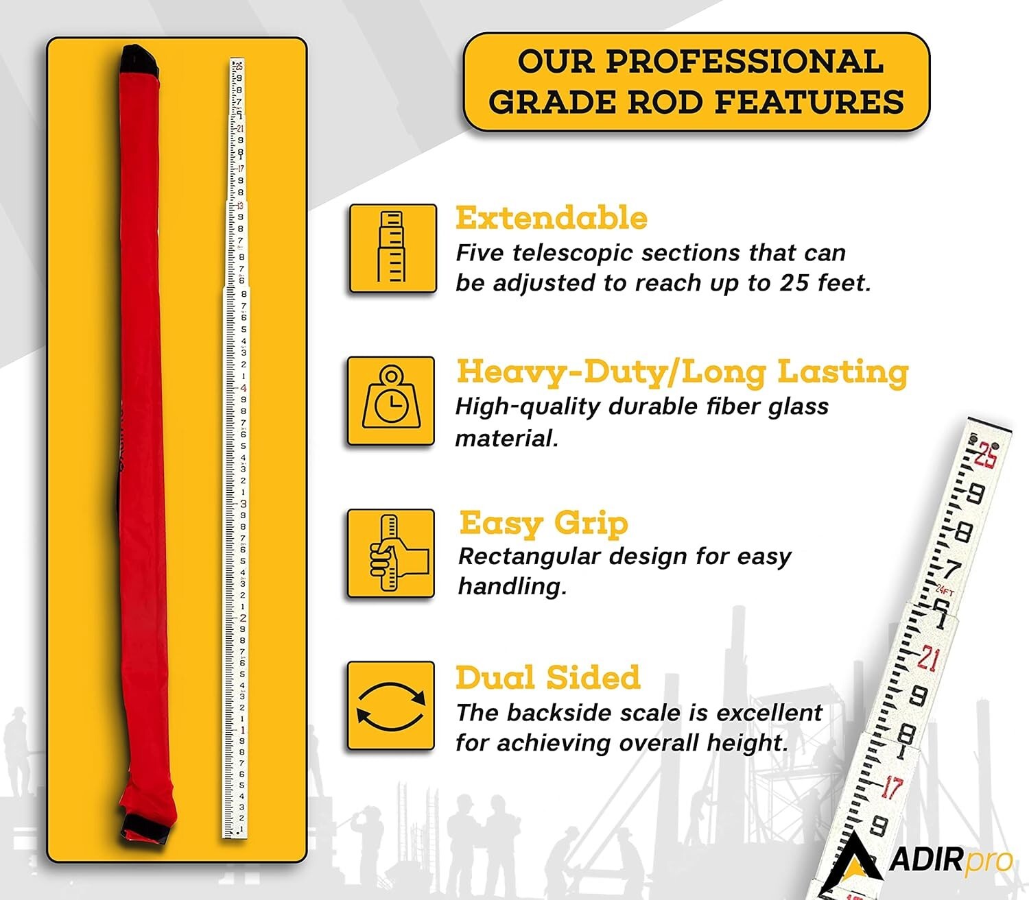 25-Foot Telescoping Fiberglass Grade Rod - Non-Glare Leveling Tool with Case