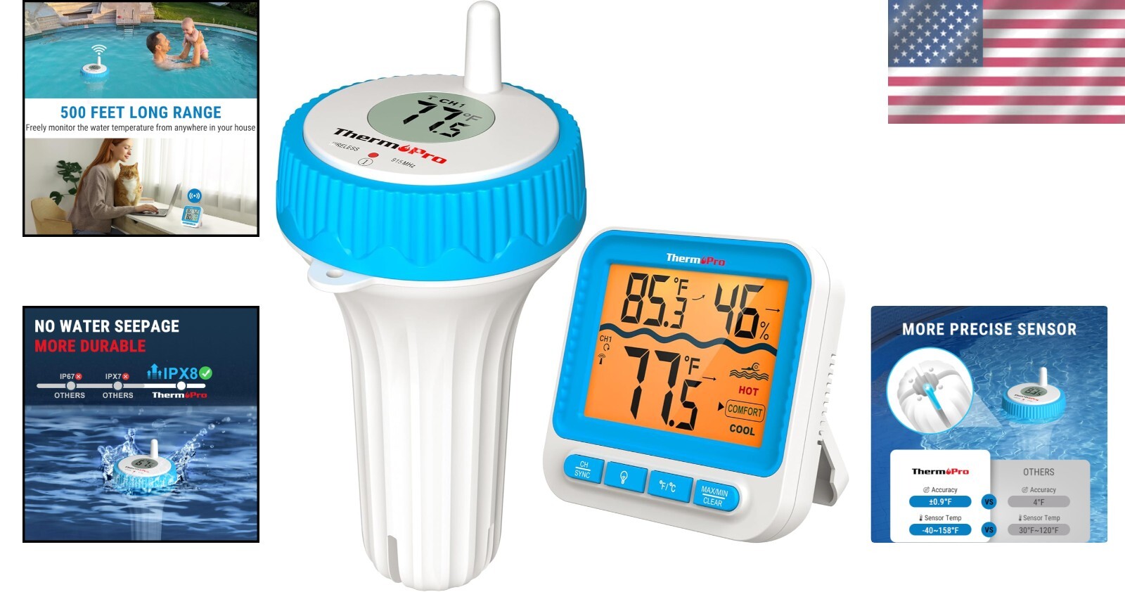 Backlit Waterproof Pool Thermometer Featuring 500FT Range & Auto-Paired Receiver