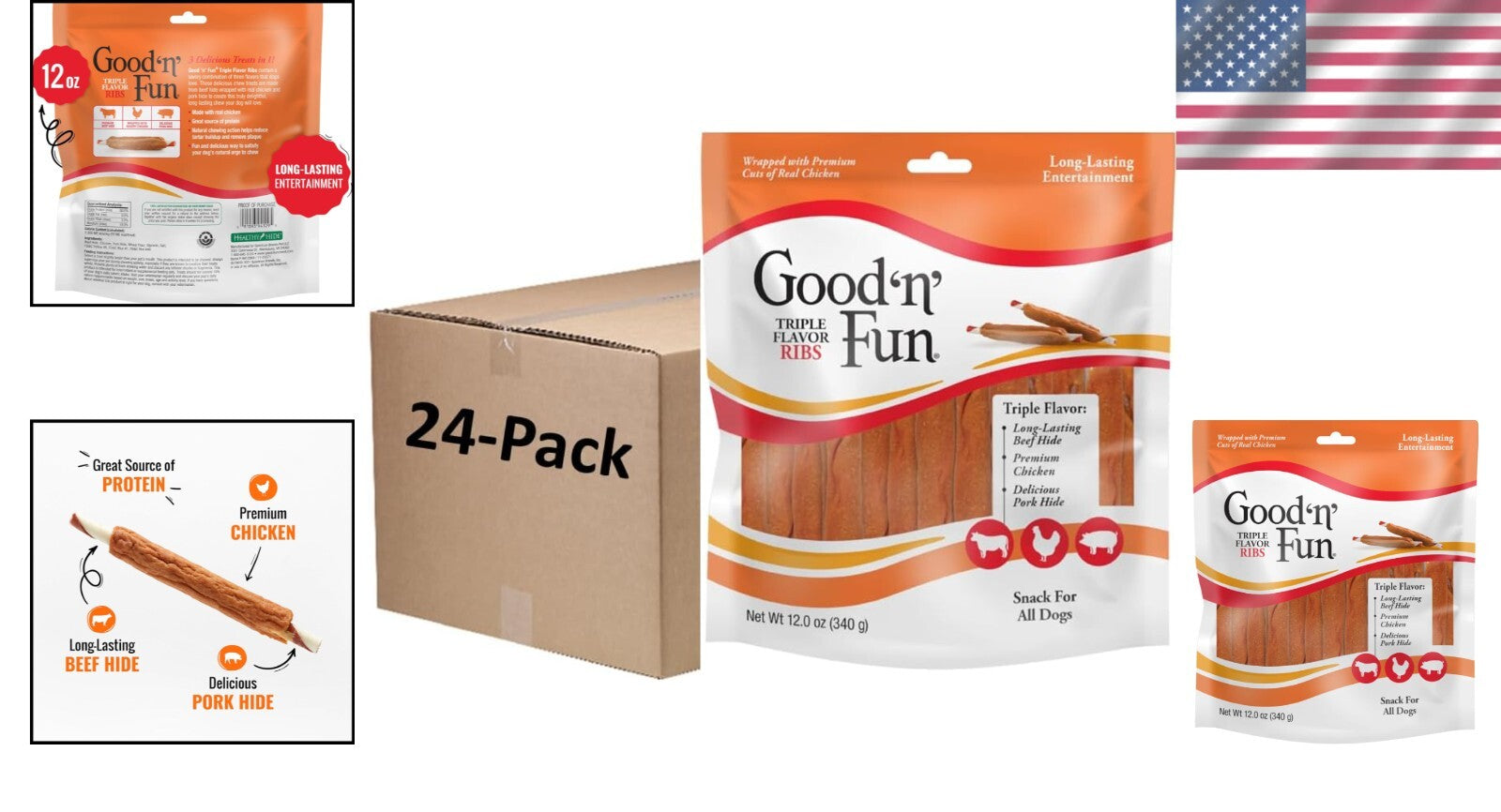 Delicious Triple Flavor Ribs for All Dogs – 12oz Chews Made with Beef & Chicken