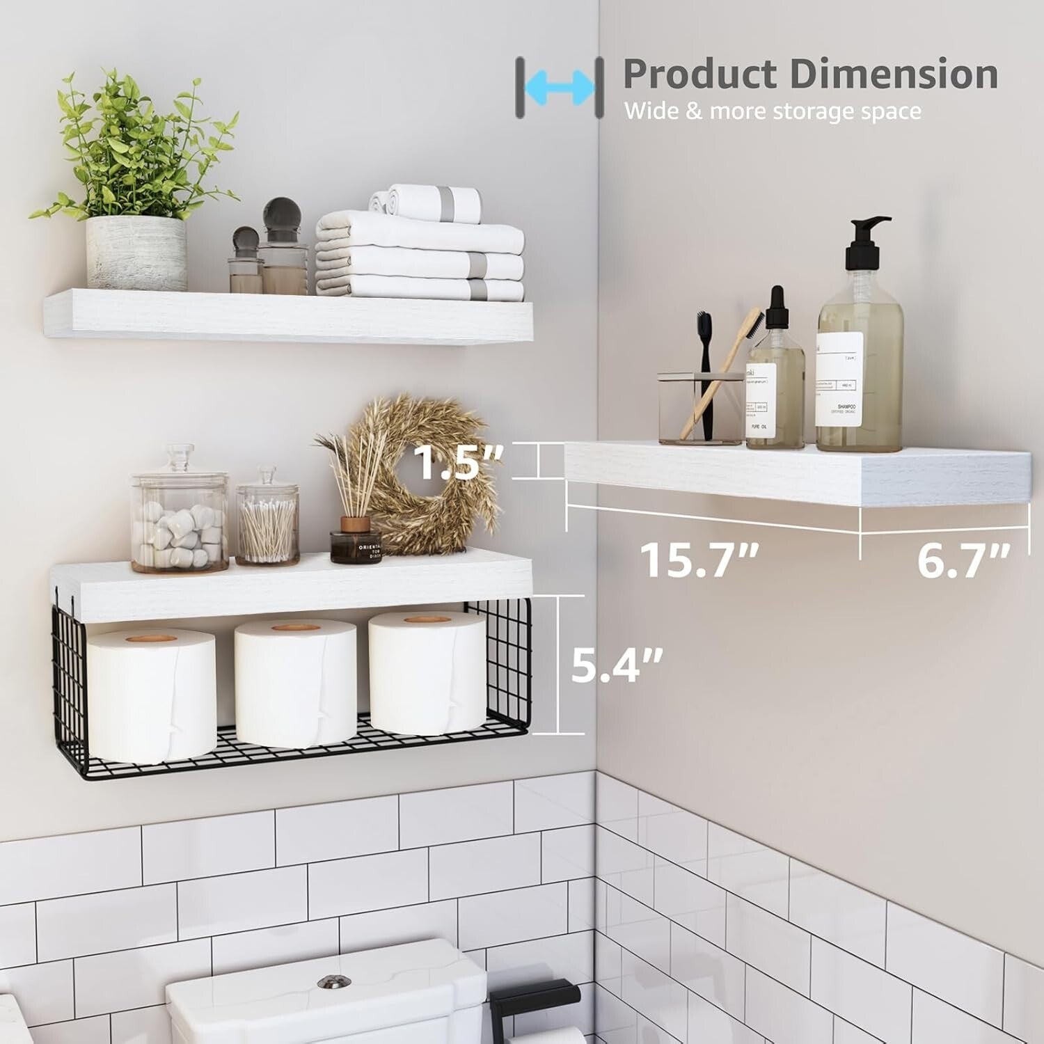Farmhouse Floating Bathroom Shelves Set of 3 - Over Toilet Storage Solution