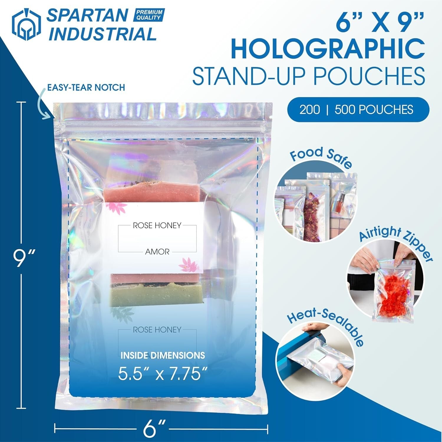 Pack of 500 Holographic 6" x 9" Resealable Bags for Food Storage & Crafts