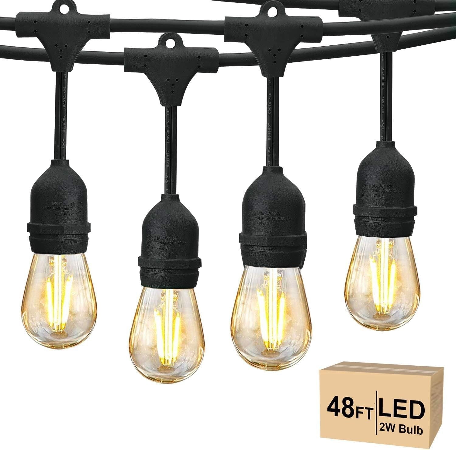 Commercial Grade 48 FT Patio Lights with 15 Shatterproof Edison Bulbs - Dimmable