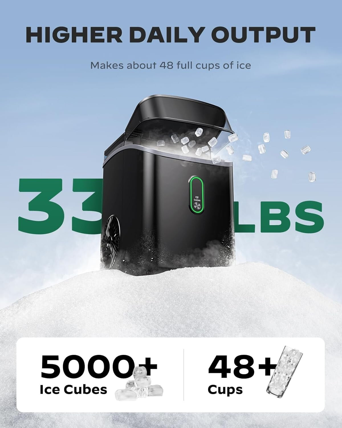 Chewable Nugget Ice Maker - Compact Countertop Design with 1-Click Operation