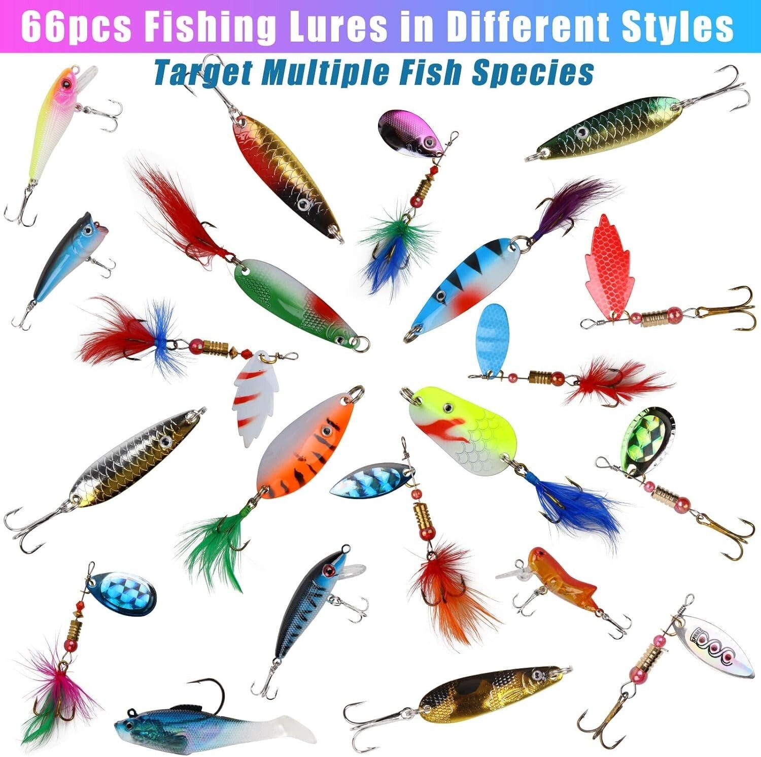 Premium Spinner Baits & Lures Kit Includes 66pcs for Bass, Pike, Trout Fishing