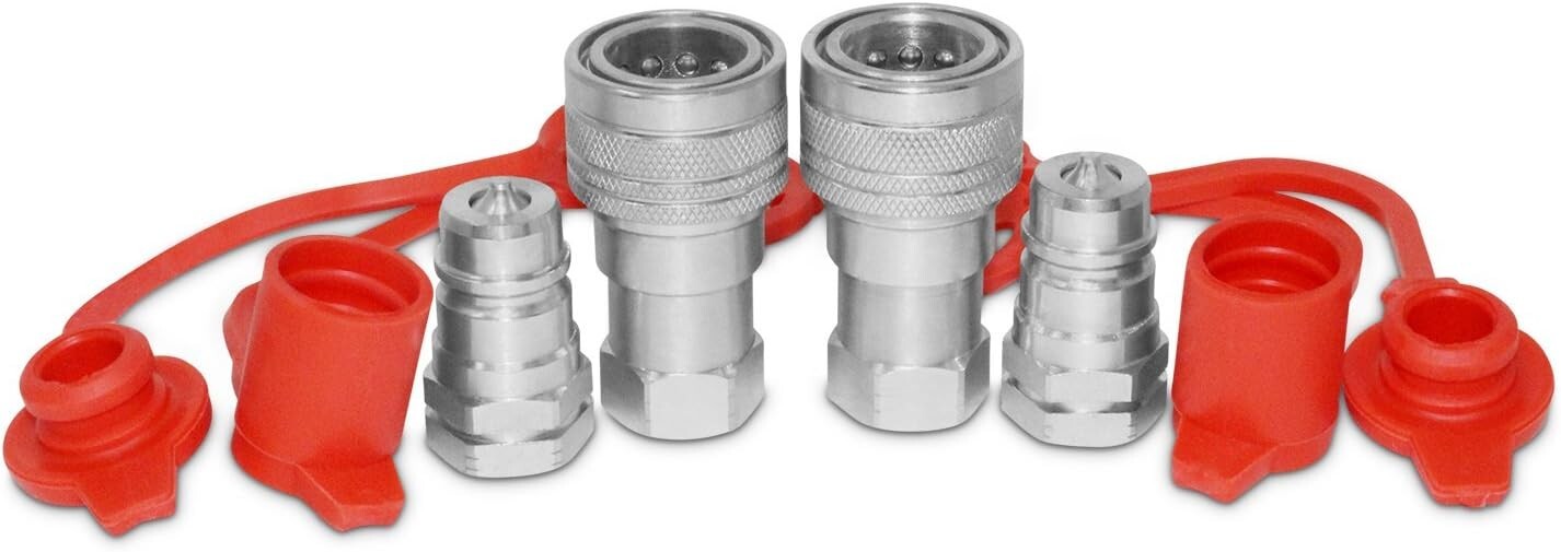 2 Sets of 3/8” Ag ISO 5675 Hydraulic Quick Connect Couplers - Red/Silver Finish