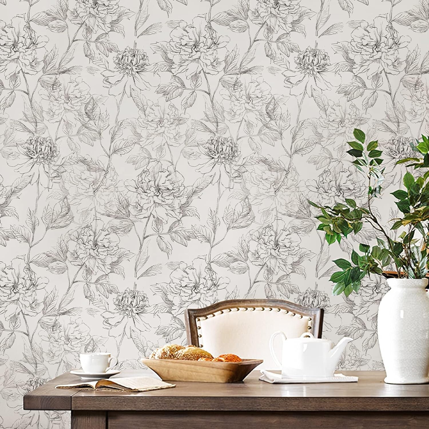 Removable Black and White Floral Wallpaper - Easy Install Peonies Design 43 SQFT