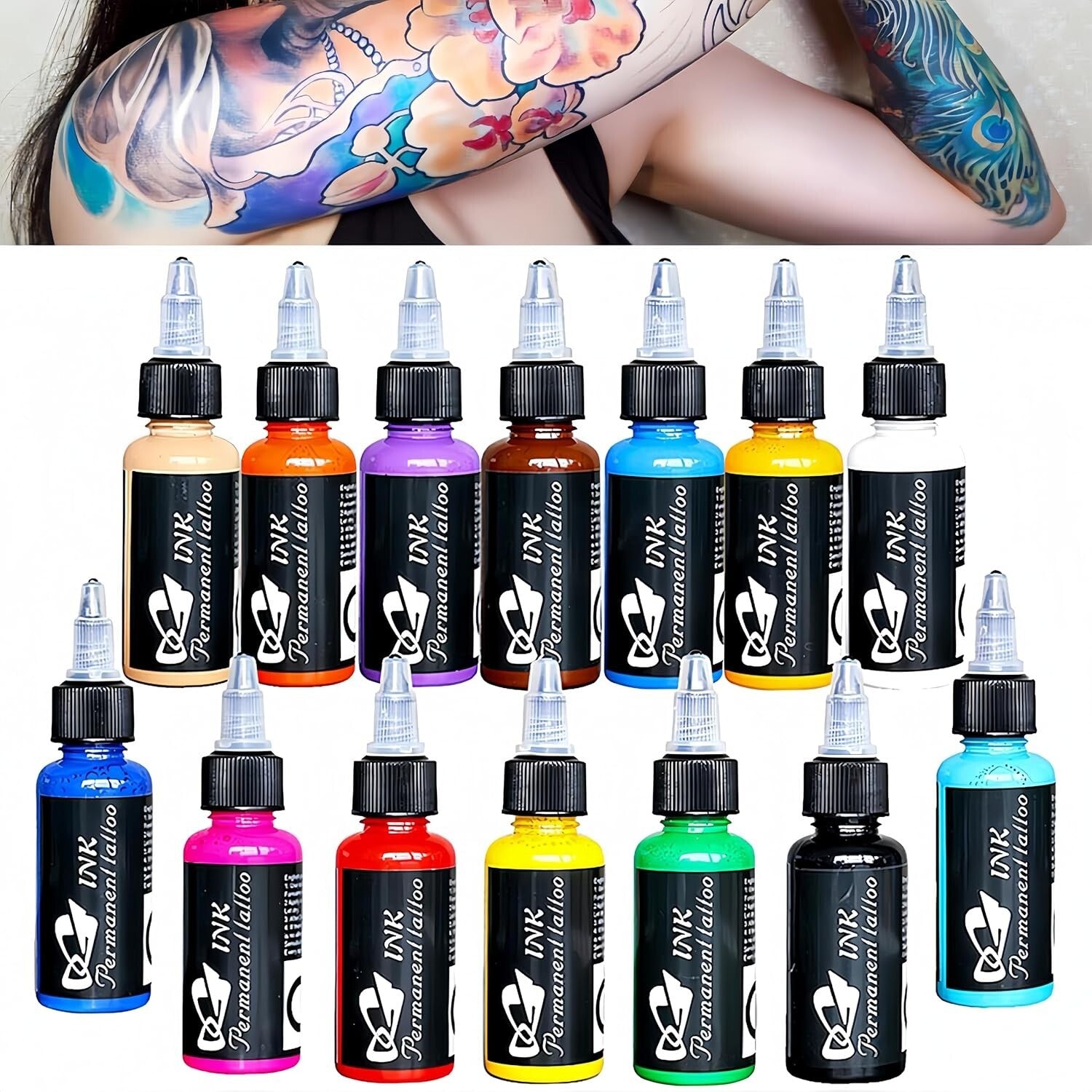 Professional Tattoo Ink Pigment Kit - 14 Colors, 1 fl oz Bottles for Skin Art