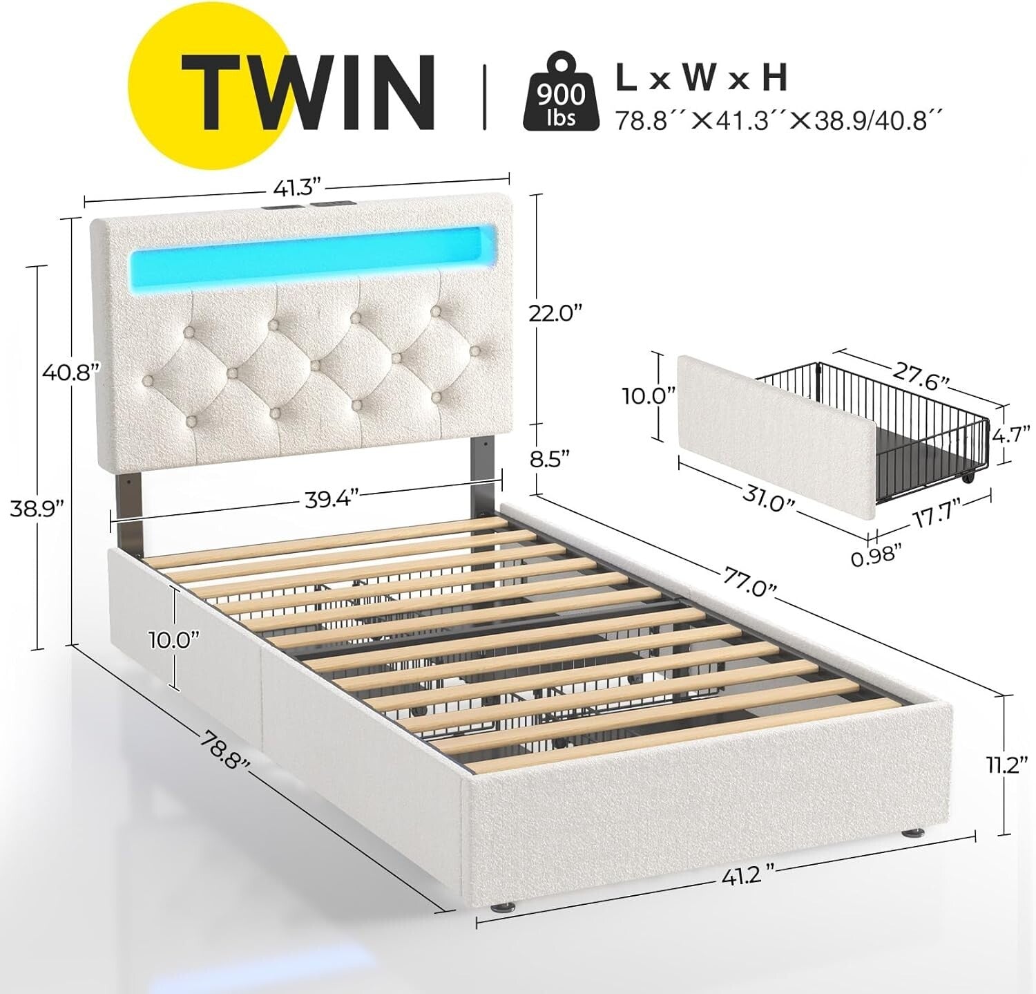 Adjustable Twin Bed Frame with RGB LED Lights & 4 Storage Drawers in White
