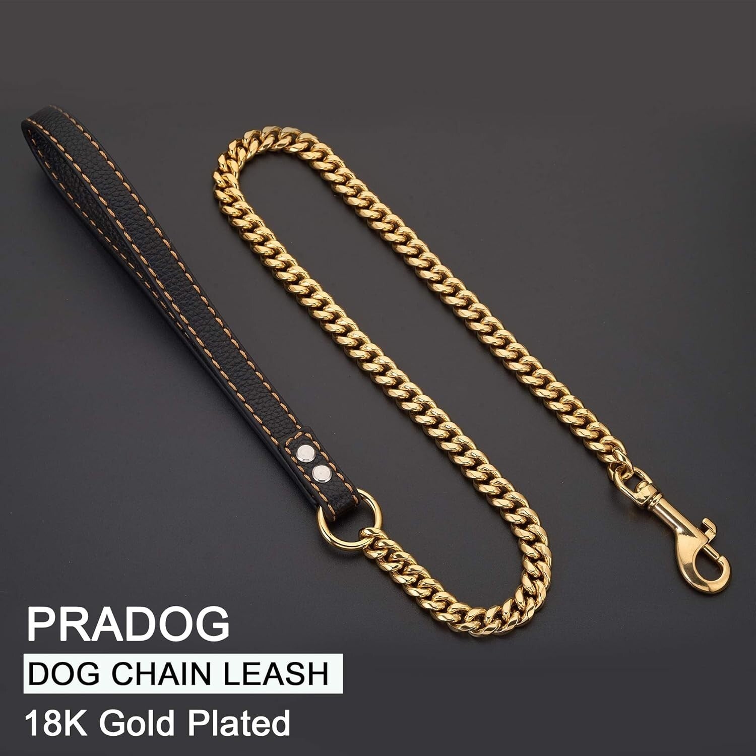 Stainless Steel Cuban Link Dog Leash with Padded Leather Handle for Large Breeds